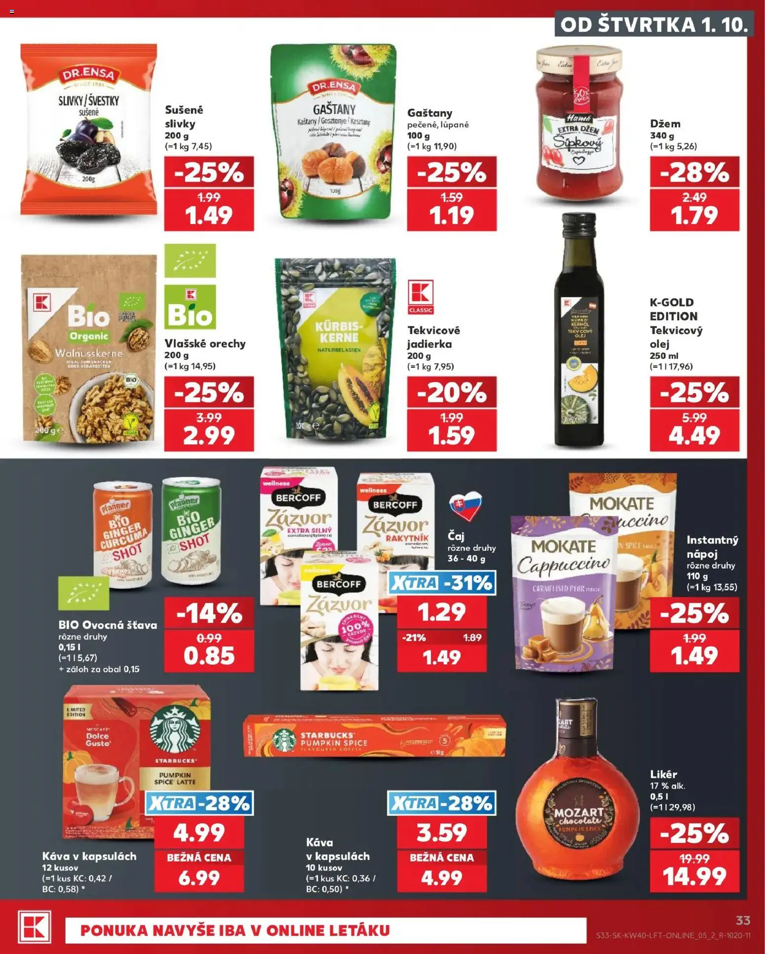 Nové Kaufland akcie – leták je platný od 01.10.2026 | Strana: 33 | Produkty: Džem, Gaštany, Káva, Šťava