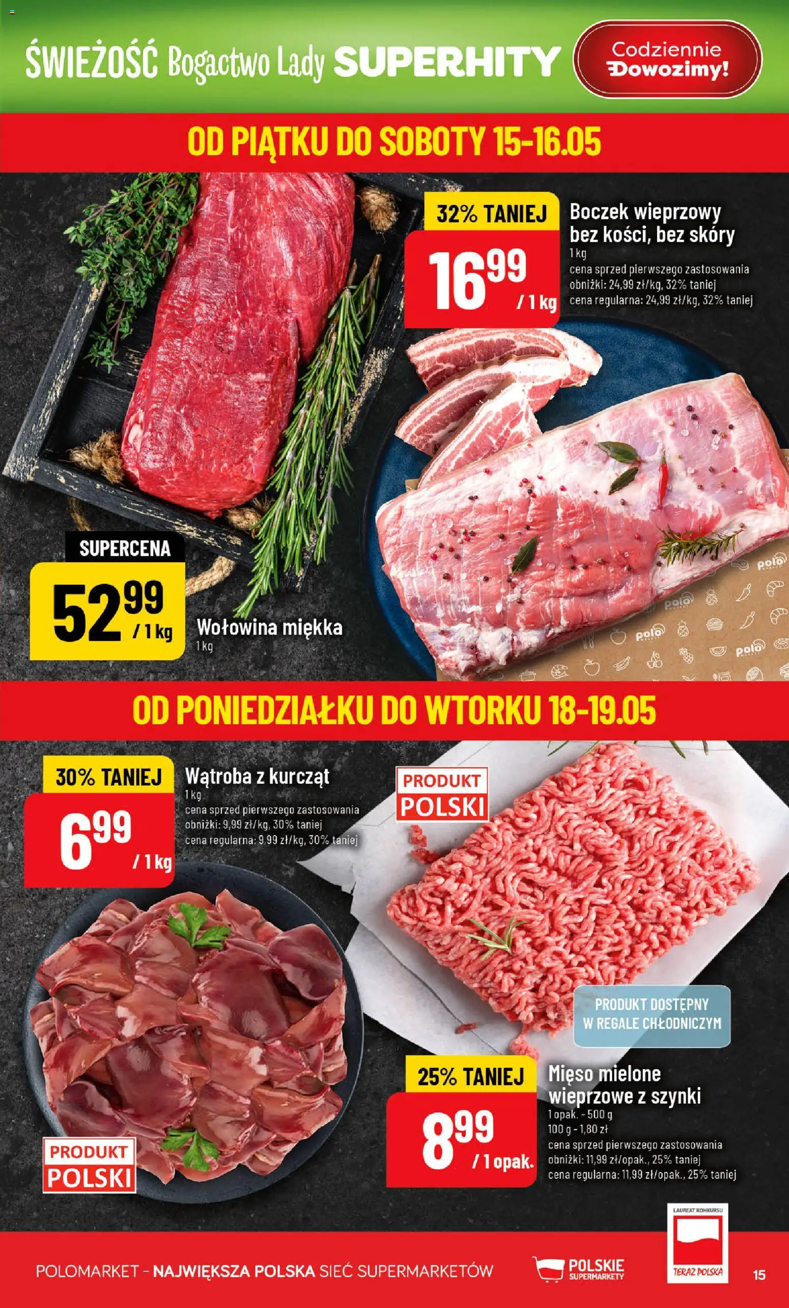 POLOmarket gazetka od 13.05.2026 | Strona: 15 | Produkty: Mięso, Mięso mielone, Boczek, Wołowina