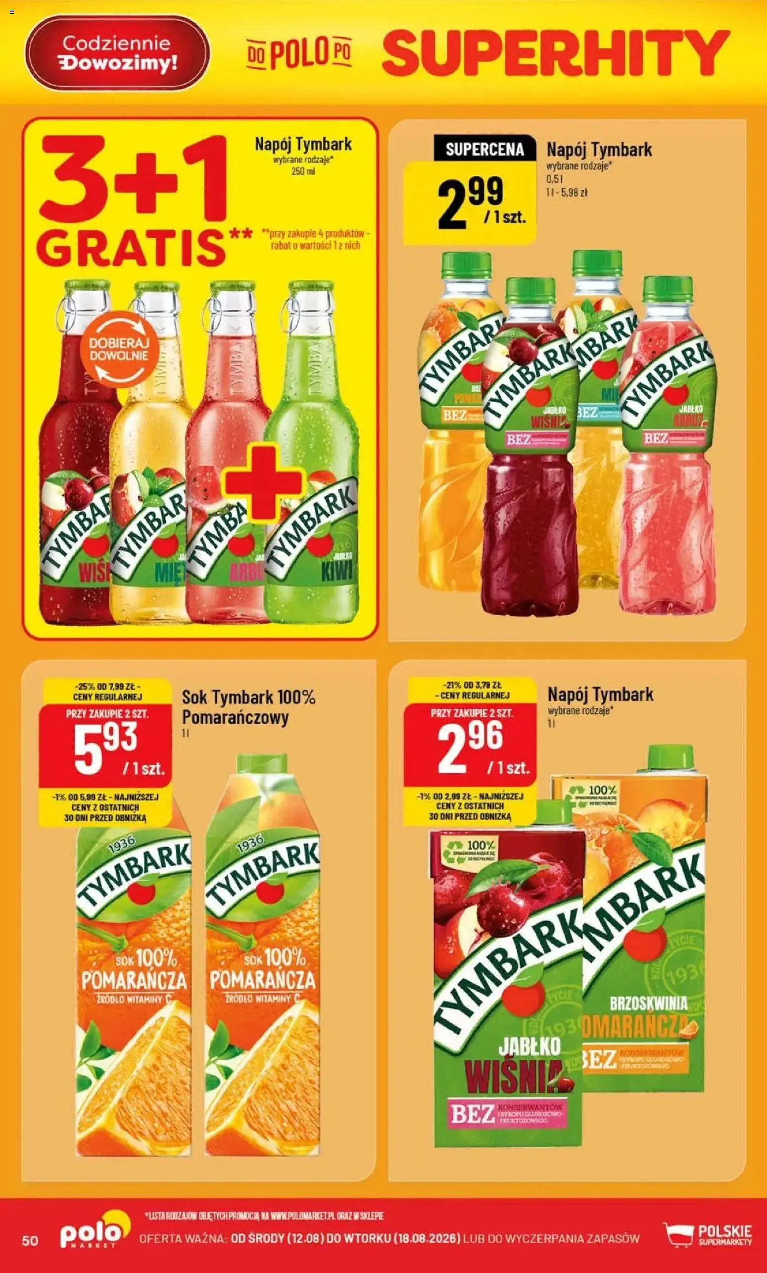 Nowa POLOmarket gazetka od jutra 12.08.2026 | Strona: 50 | Produkty: Brzoskwinia, Tymbark, Sok, Kiwi