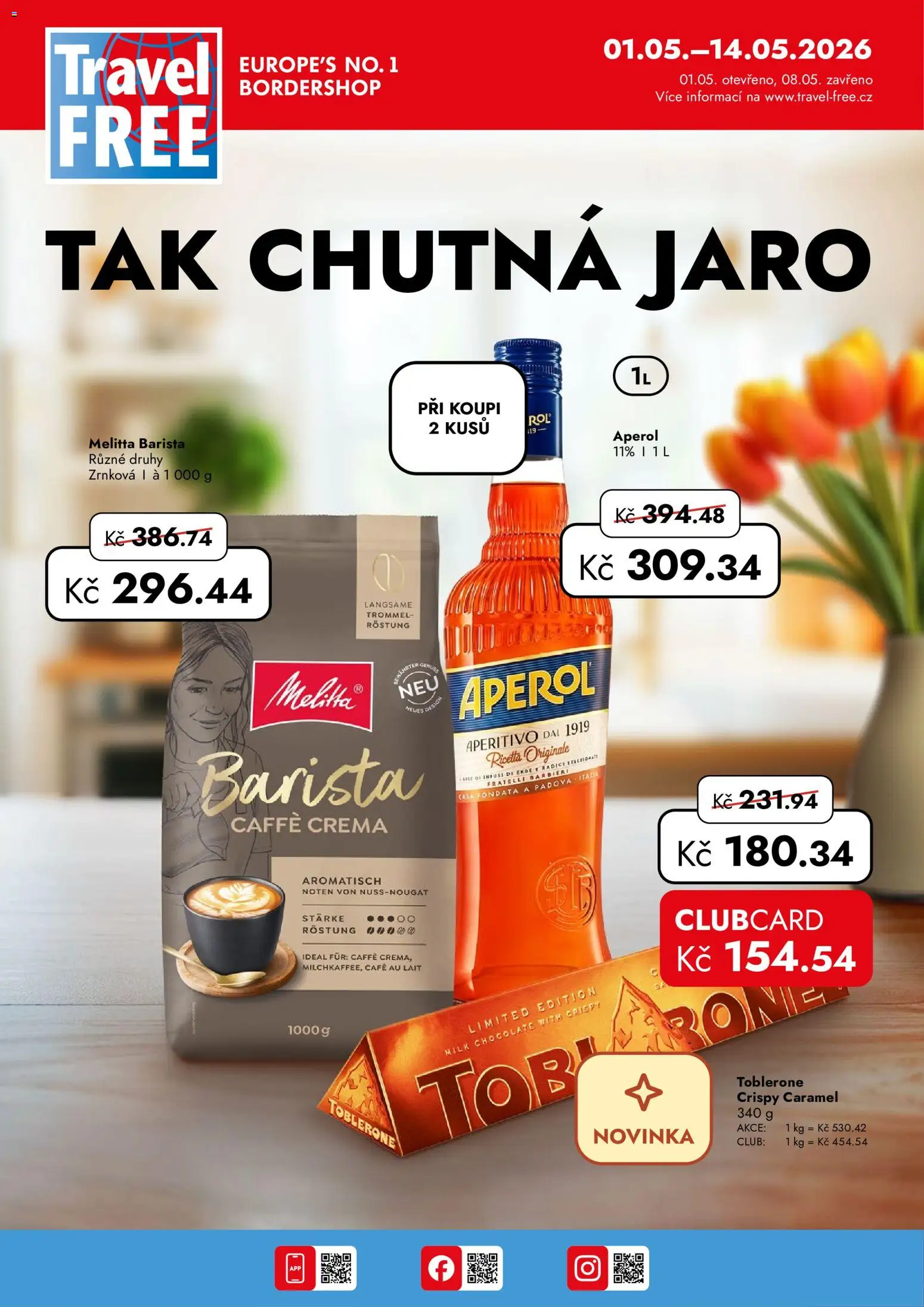 Travel Free leták od 01.05.2026 | Strana: 1 | Produkty: Aperitivo, Caffè crema, Toblerone, Milk chocolate