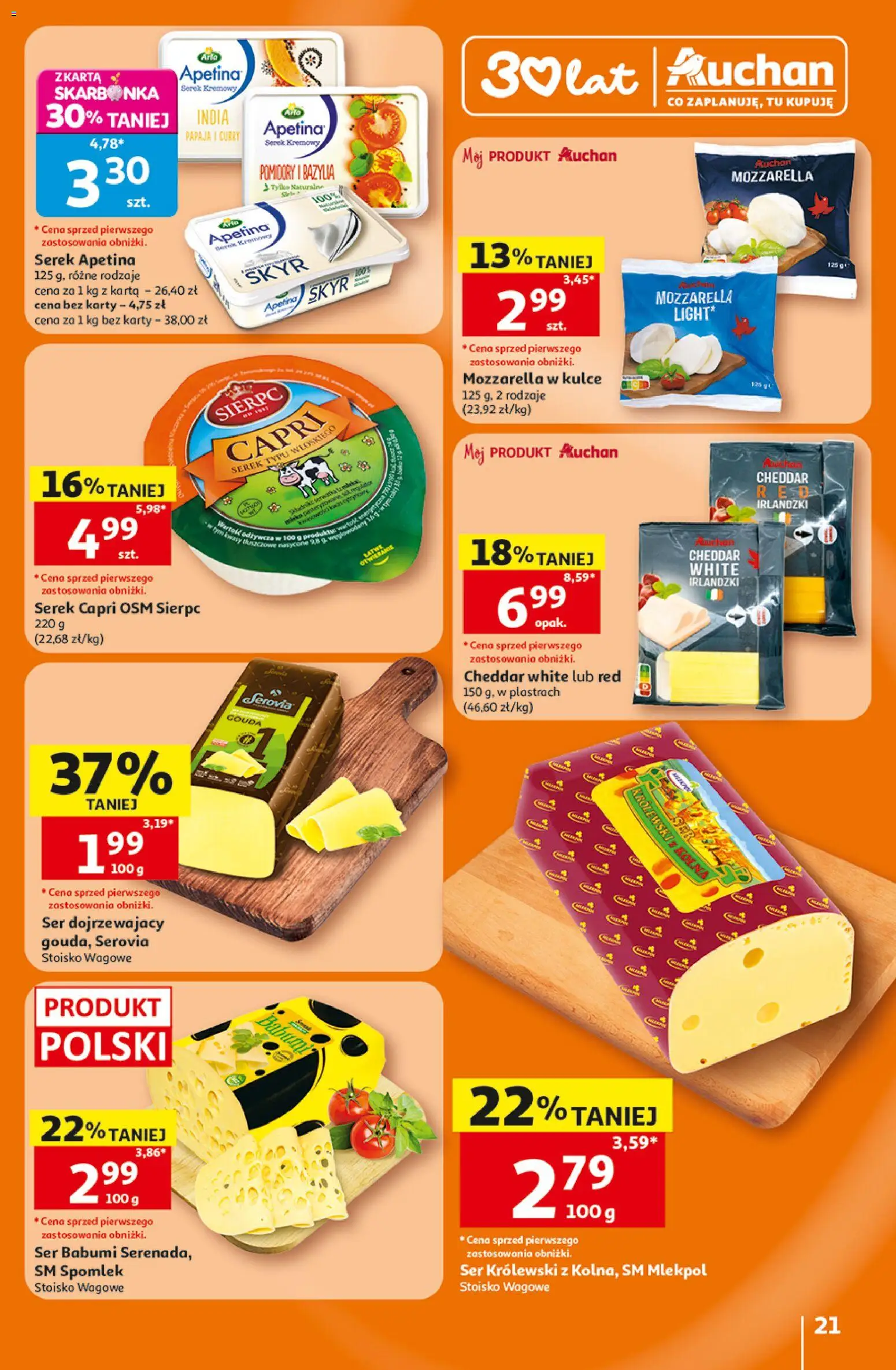 Auchan gazetka - 30 Lat Hipermarket od 16.07.2026 | Strona: 21 | Produkty: Serek, Bazylia, Mozzarella, Cheddar