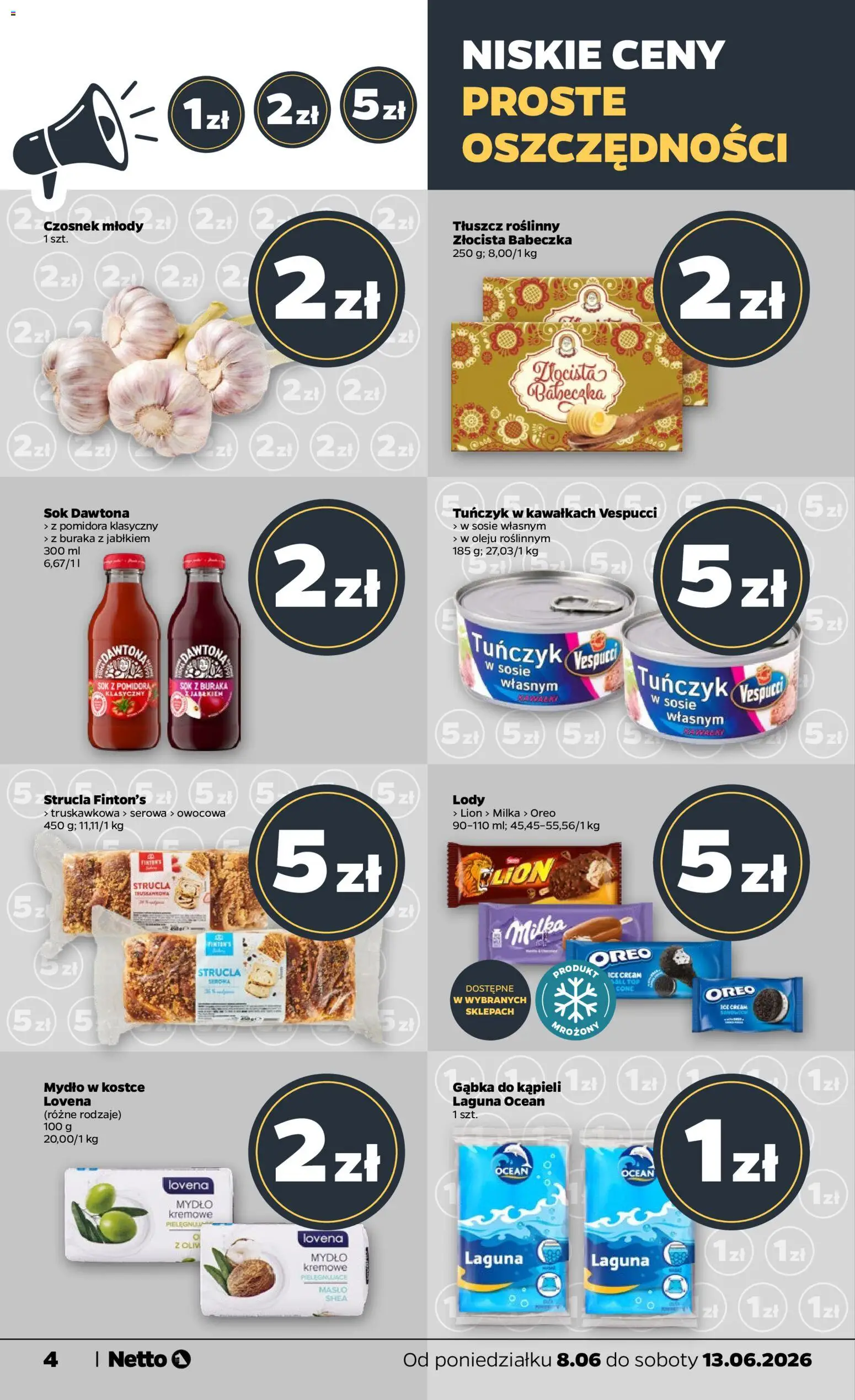 Netto gazetka od poniedziałku spożywcza od 08.06.2026 | Strona: 4 | Produkty: Tuńczyk, Masło, Gąbka, Mydło
