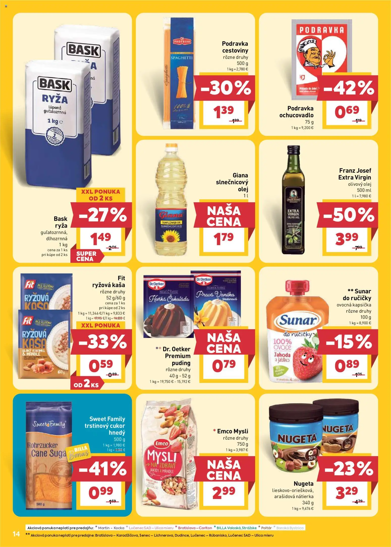 Nové Billa akcie – leták je platný od 15.07.2026 | Strana: 14 | Produkty: Puding, Slnečnicový olej, Jahody, Trstinový cukor