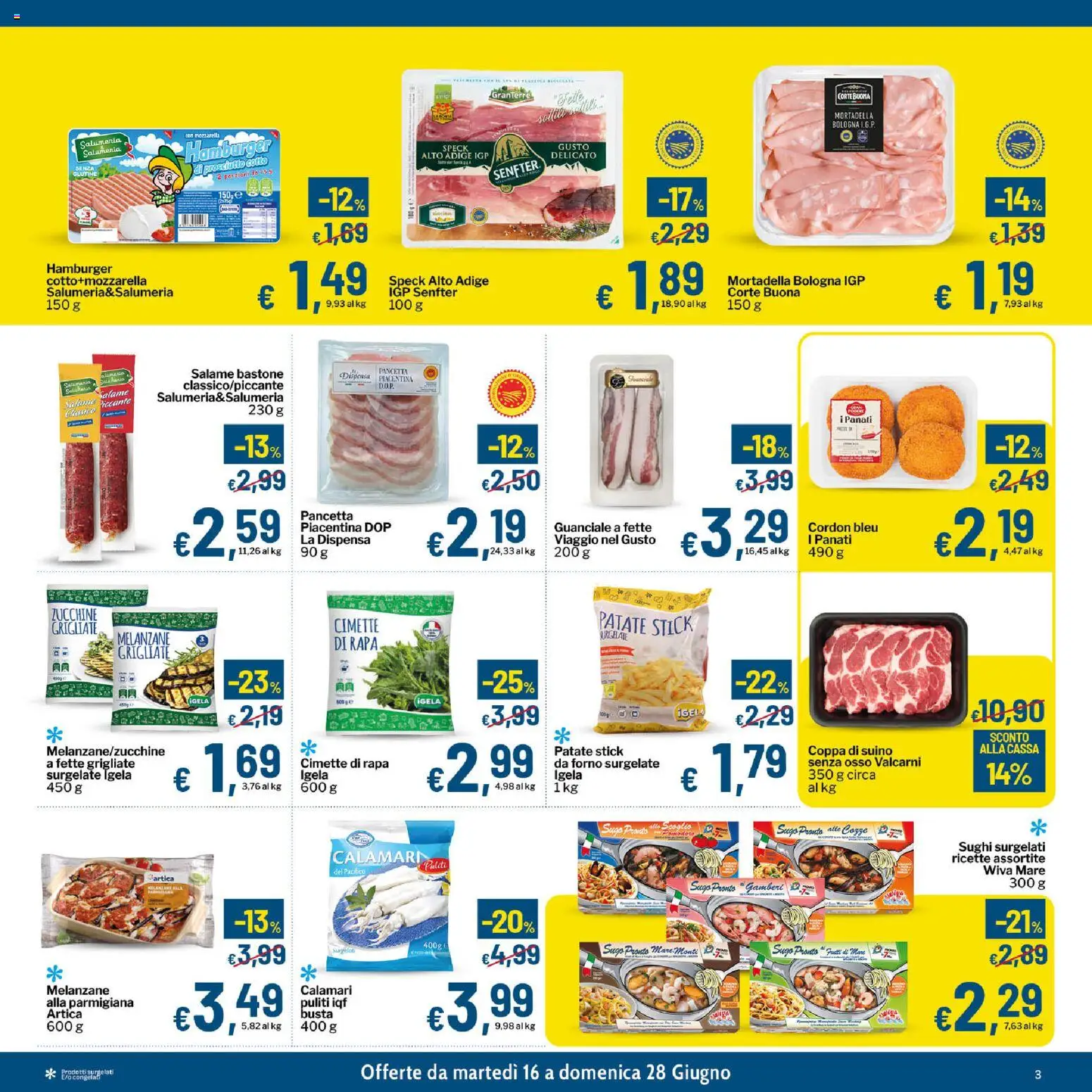 Volantino Qui Discount del 16.06.2026 | Pagina: 3 | Prodotti: Pancetta, Sugo, Hamburger, Cimette di rapa