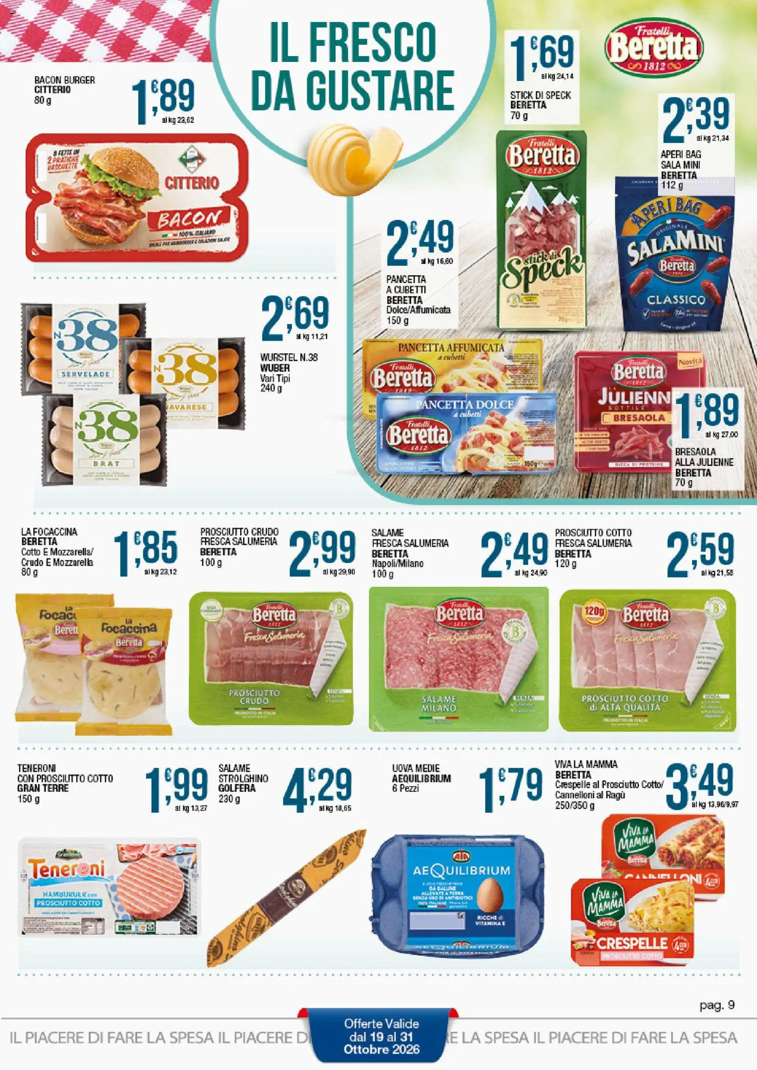 Volantino Sidis del 19/10/2026 | Pagina: 9 | Prodotti: Prosciutto Crudo, Salame, Cannelloni, Wurstel
