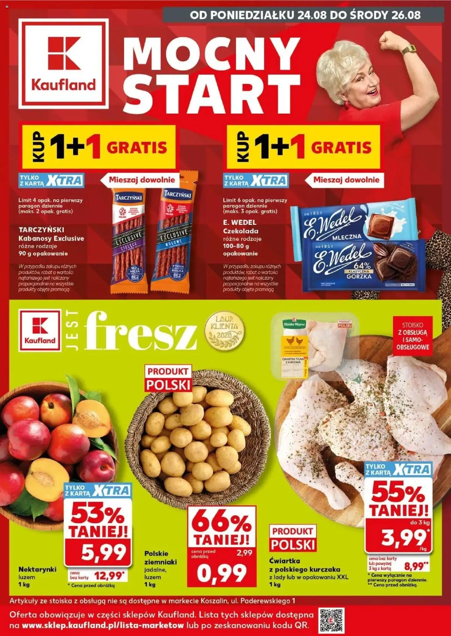 Kaufland gazetka - Mocny start od 24.08.2026 - od jutra PDF | Strona: 1 | Produkty: Nektarynki, Kabanosy, Czekolada, Ziemniaki