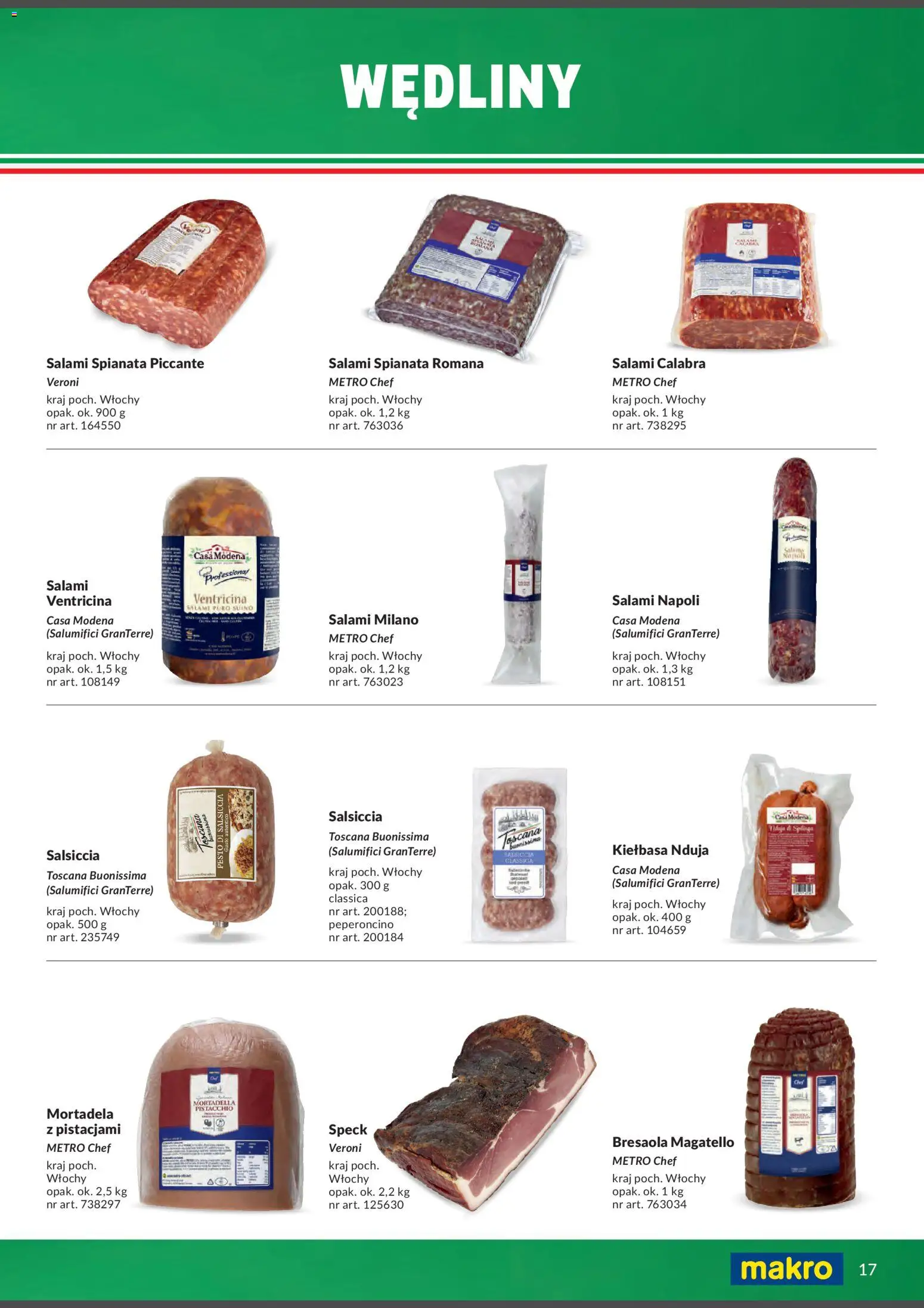 Makro Gazetka - Italia od 01.02.2026 | Strona: 17 | Produkty: Kiełbasa, Mortadela, Salami, Wędliny