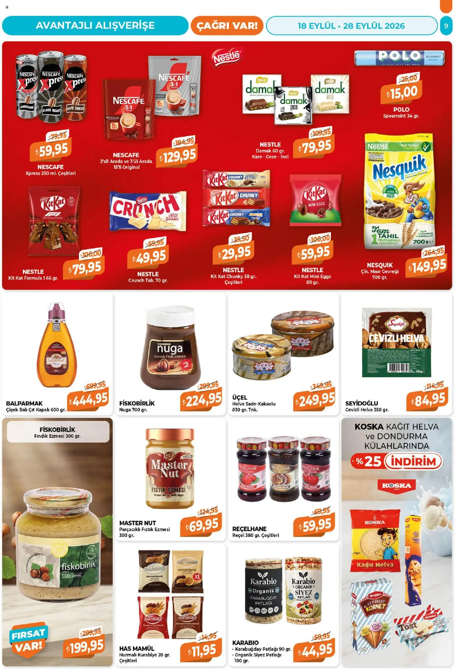 Çağrı Market Katalog - 18 Eylül 2026 tarihinden itibaren geçerlidir | Sayfa: 9 | Ürünler: Kurabiye, Mısır gevreği, Mısır, Fıstık ezmesi