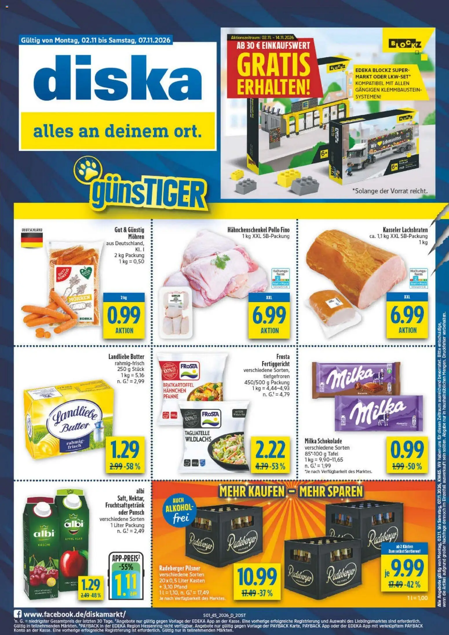 Diska Prospekt – gültig ab 02.11.2026 | Seite: 1 | Produkte: Butter, Landliebe butter, Milka, Frosta