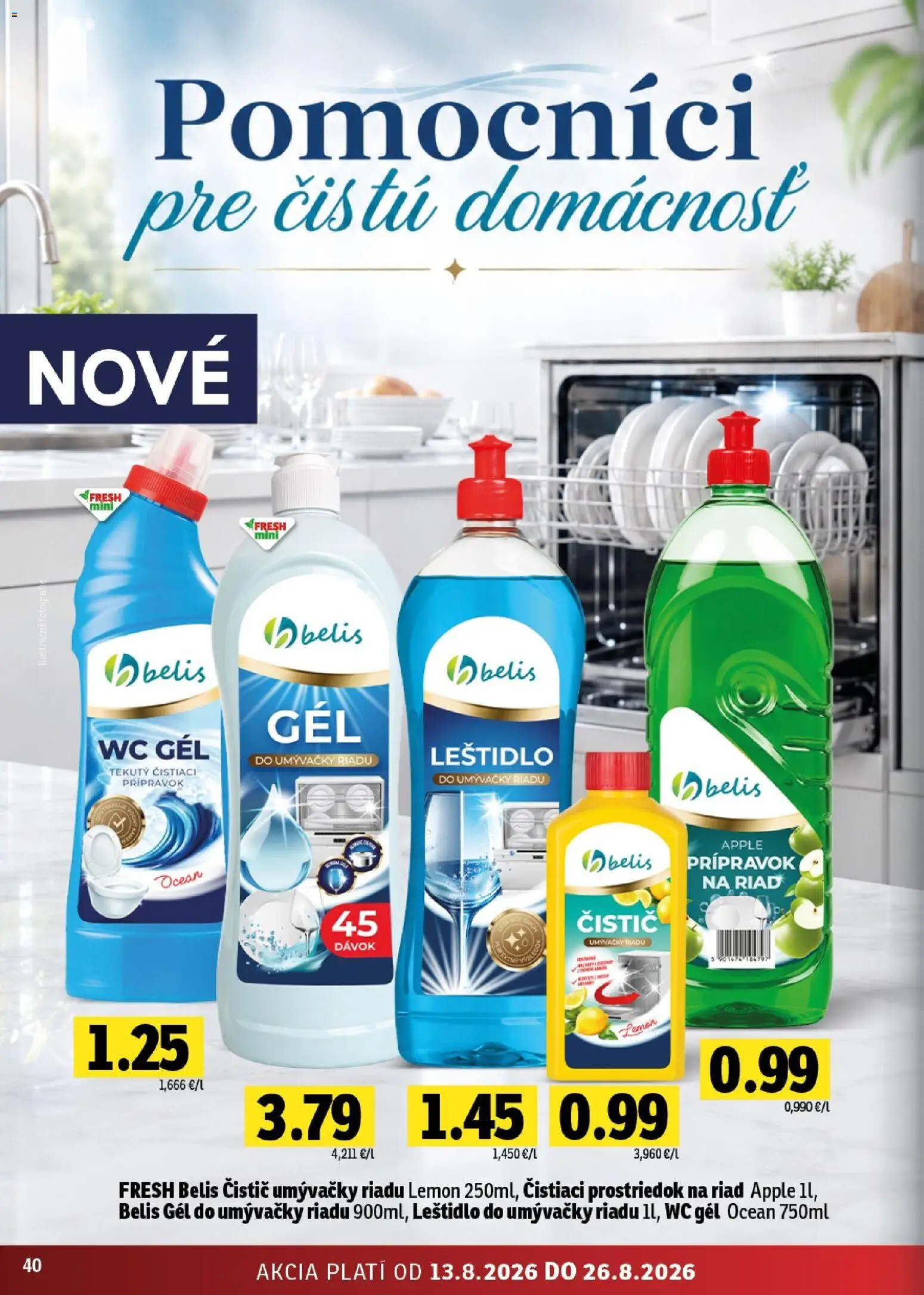 Nové Fresh akcie – leták je platný od 13.08.2026 | Strana: 40 | Produkty: Gél do umývačky, Apple, Čistiaci prostriedok, Čistič umývačky riadu
