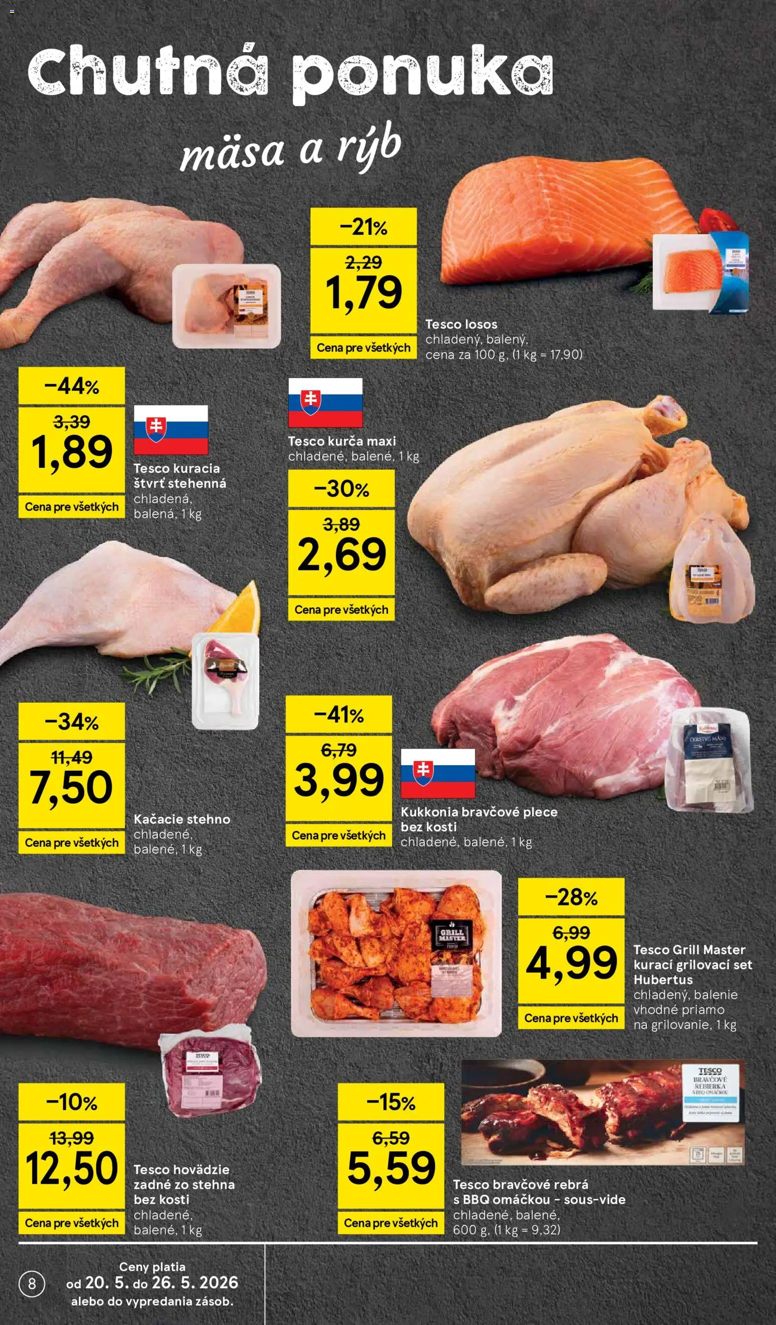 Nové Tesco akcie – leták je platný od 20.05.2026 | Strana: 8 | Produkty: Bravčové plece, Losos, Kurča