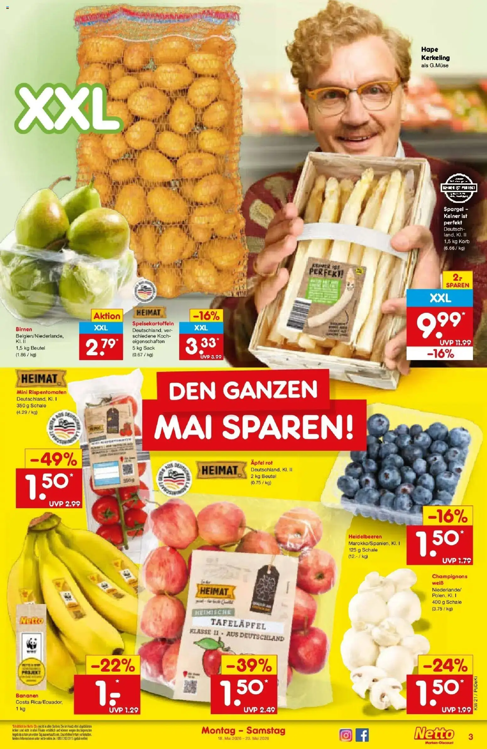 Netto Marken-Discount Prospekt Regensburg	 – gültig ab 17.05.2026 | Seite: 3 | Produkte: Korb, Äpfel, Bananen, Champignons