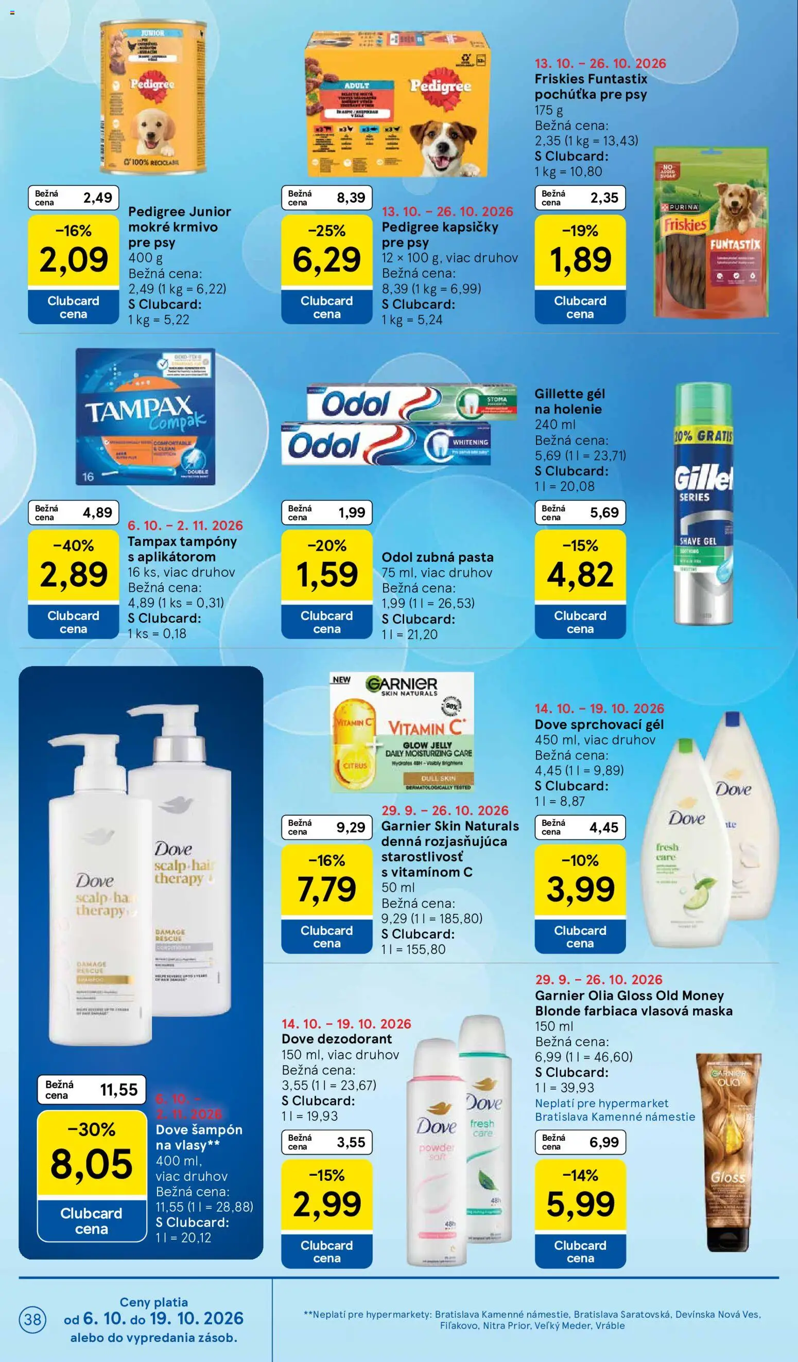 Nové Tesco akcie – leták je platný od 14.10.2026 | Strana: 38 | Produkty: Friskies, Maska, Dezodorant, Zubná pasta