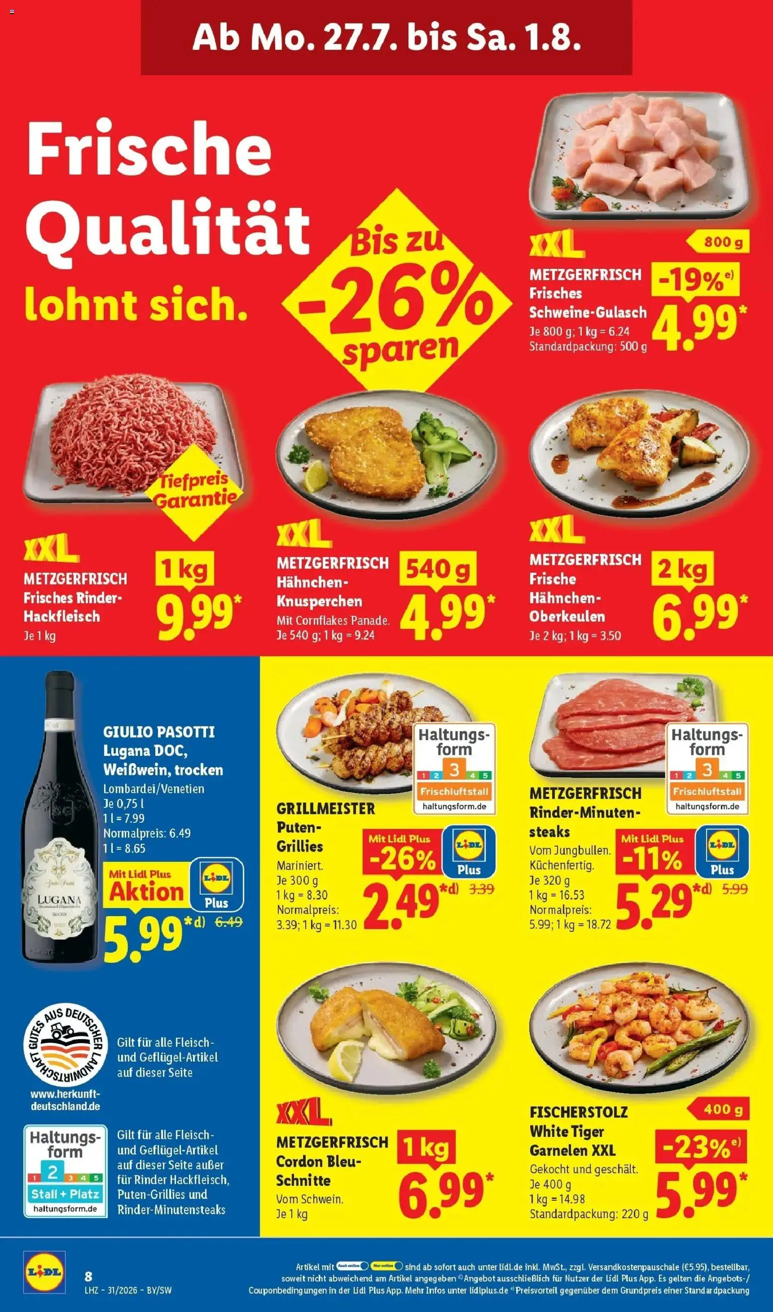 Lidl Prospekt Weikersheim – gültig ab 27.07.2026 | Seite: 12 | Produkte: Schweinegulasch, Garnelen, Tiger garnelen, Hackfleisch