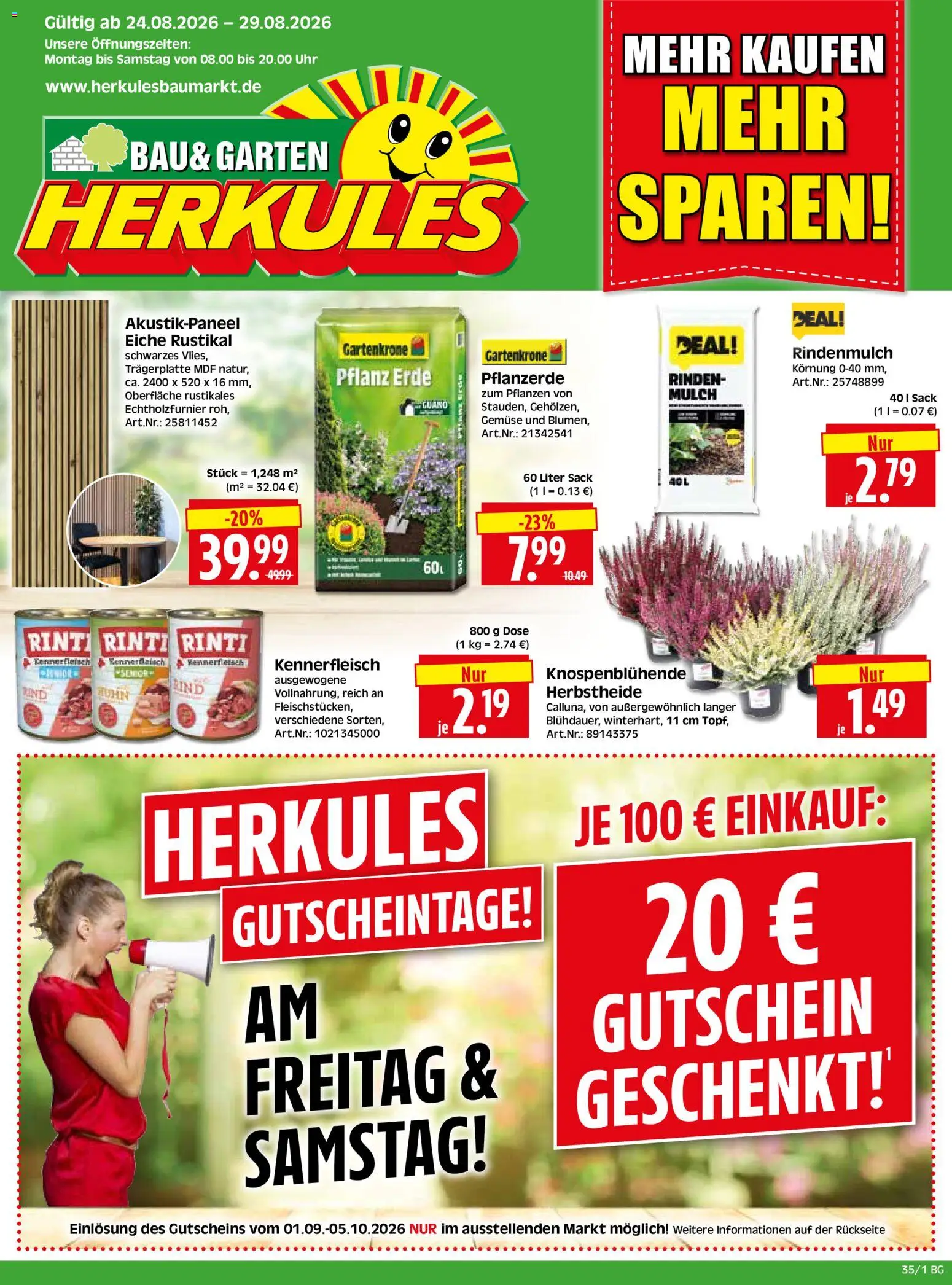 HERKULES Bau & Garten – gültig ab 24.08.2026 | Seite: 1 | Produkte: Rindenmulch, Pflanzerde, Gemüse, Uhr