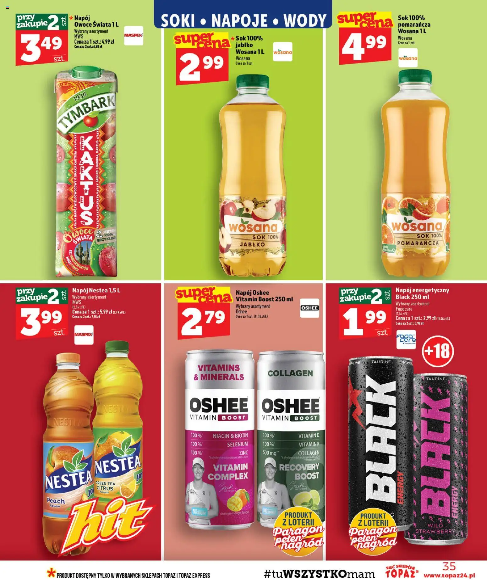 Topaz gazetka - MAZ od 27.08.2026 | Strona: 35 | Produkty: Tymbark, Napój energetyczny, Oshee, Owoce