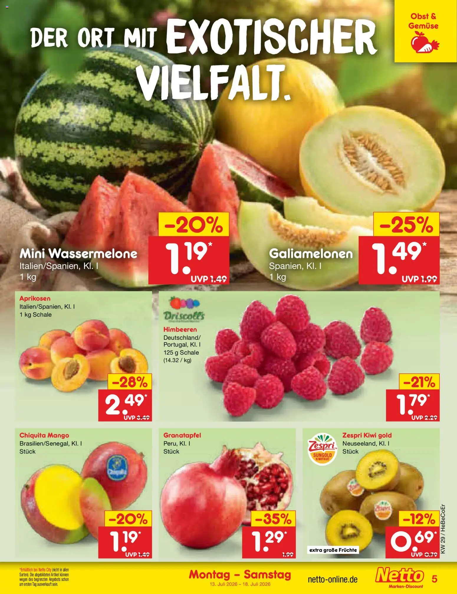 Netto Marken-Discount Prospekt – gültig ab 13.07.2026 | Seite: 5 | Produkte: Himbeeren, Obst, Wassermelone, Kiwi