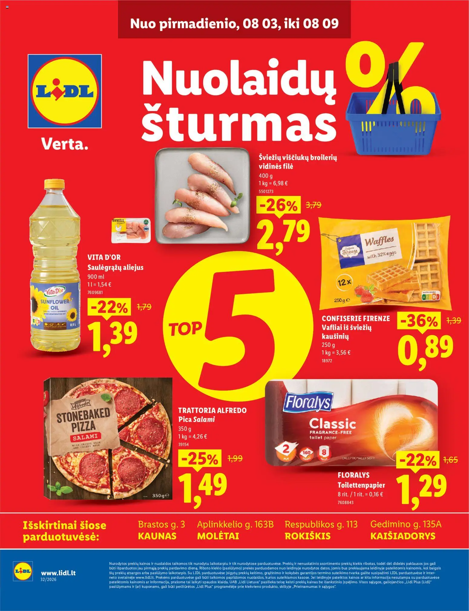 LIDL akcijos nuo 2026.08.03 | Puslapis: 1 | Prekių: Aliejus, Pica, Vafliai