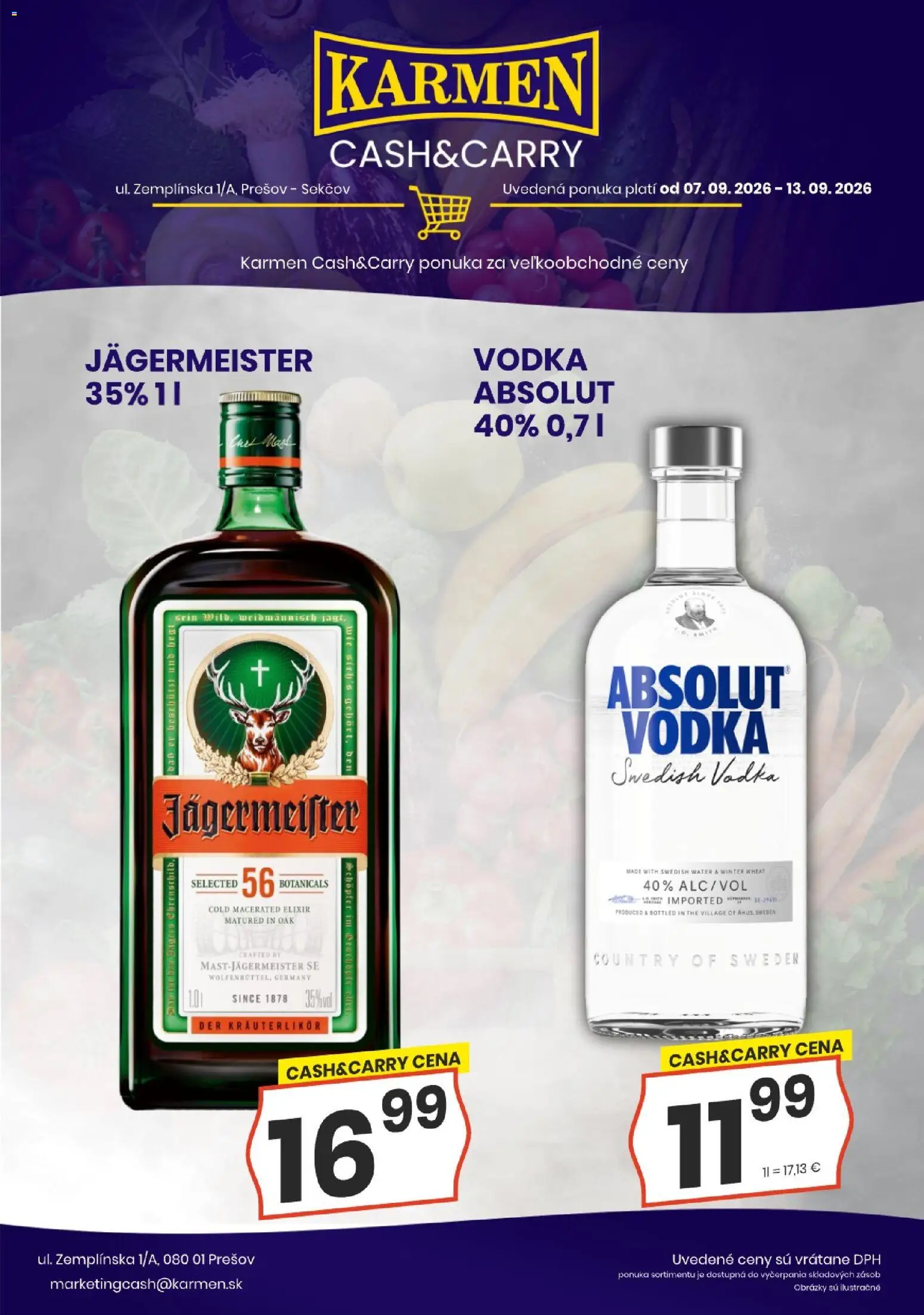 Nové KARMEN CBA akcie – leták je platný od 07.09.2026 | Strana: 1 | Produkty: Jägermeister, Vodka, Absolut vodka