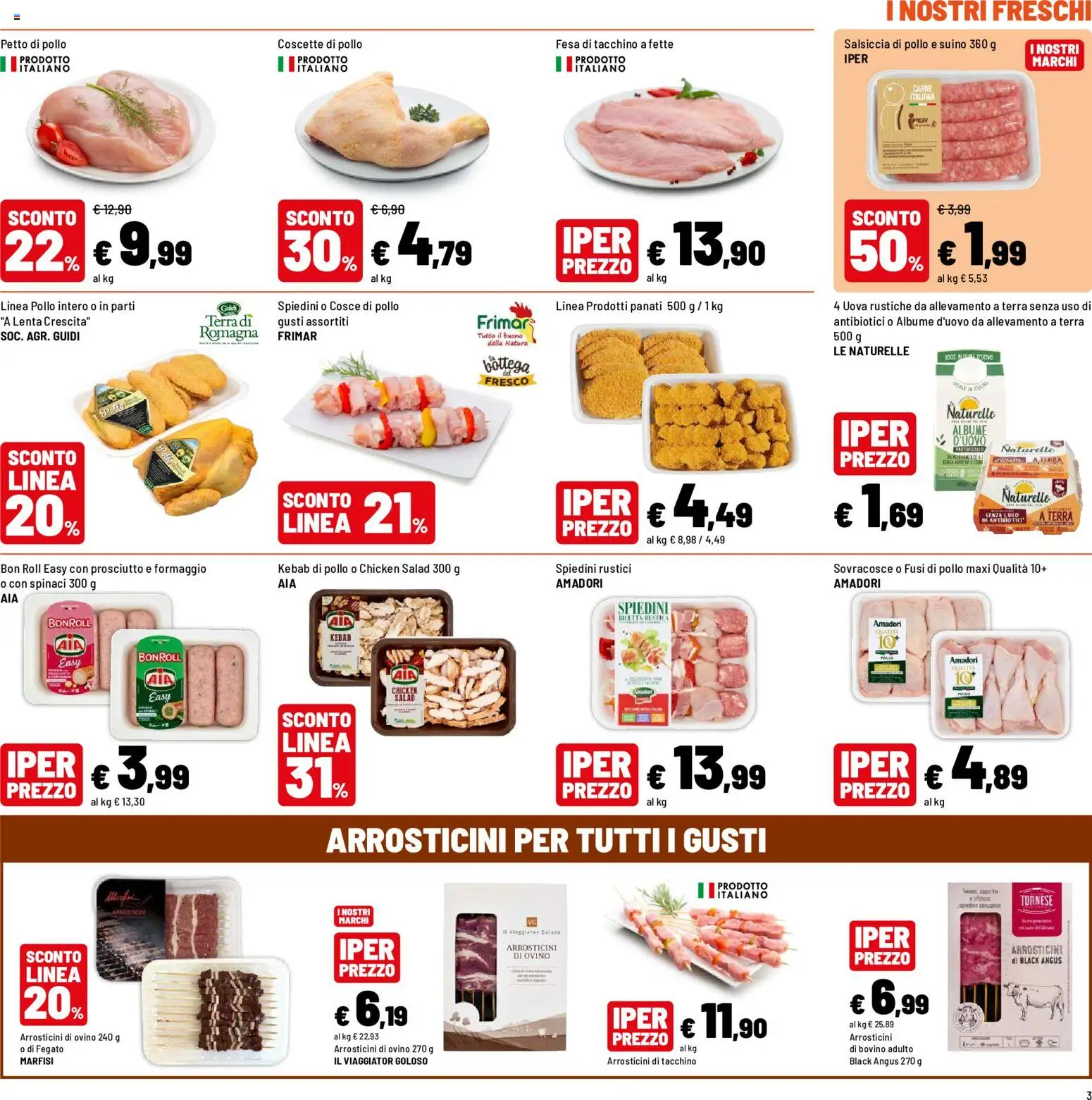 Volantino Iper del 10/08/2026 | Pagina: 3 | Prodotti: Petto di Pollo, Rustici, Arrosticini, Ovino