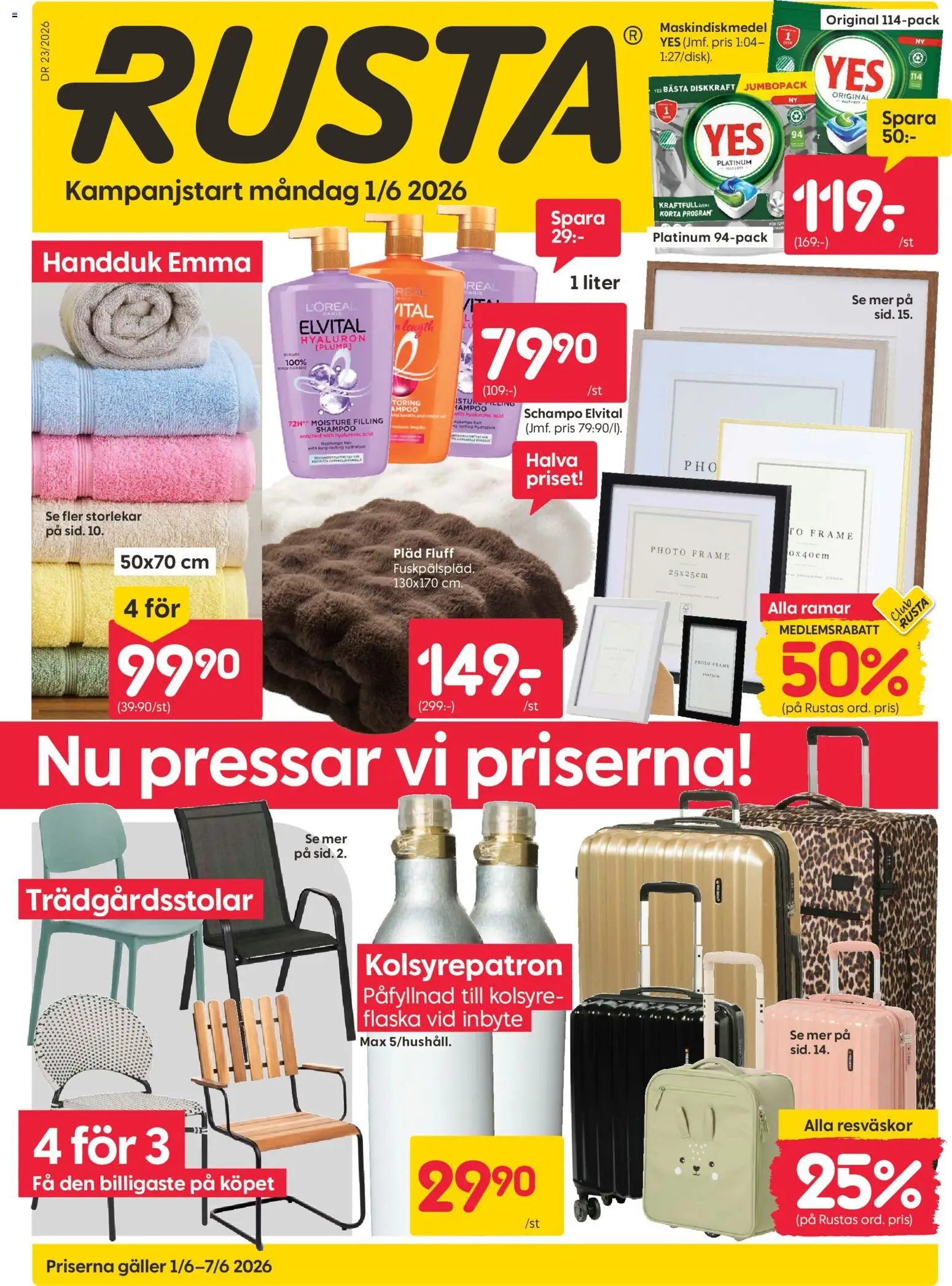 Rusta reklamblad aktuell från 01.06.2026 | Sida: 1 | Produkter: Pläd, Schampo, Galler, Kolsyrepatron