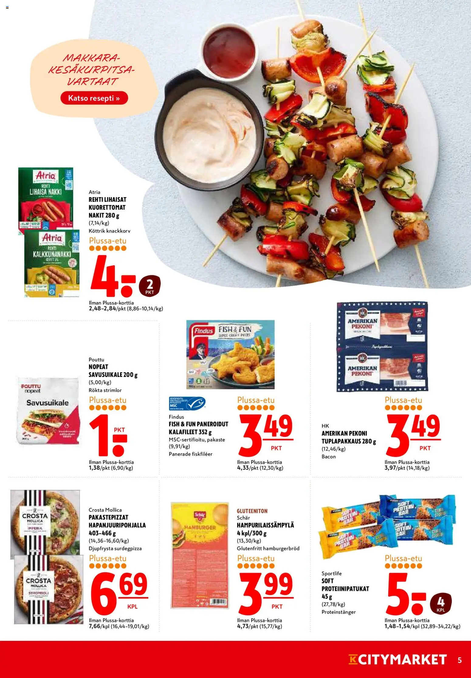 K-Citymarket tarjoukset – voimassa 04.06.2026 alkaen | Sivu: 5 | Tuotteet: Vartaat, Makkara, Kesäkurpitsa, Pekoni