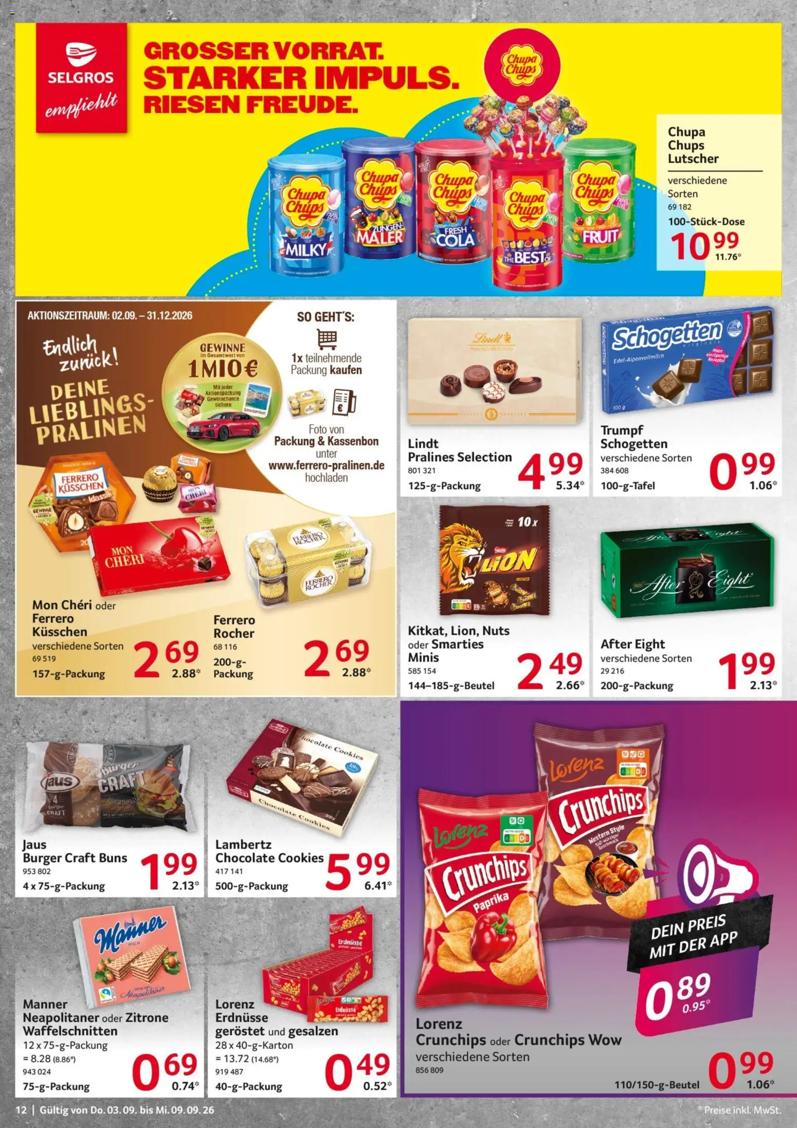 Selgros Prospekt – gültig ab 03.09.2026 | Seite: 12 | Produkte: Erdnüsse, Cola, Burger, Lindt