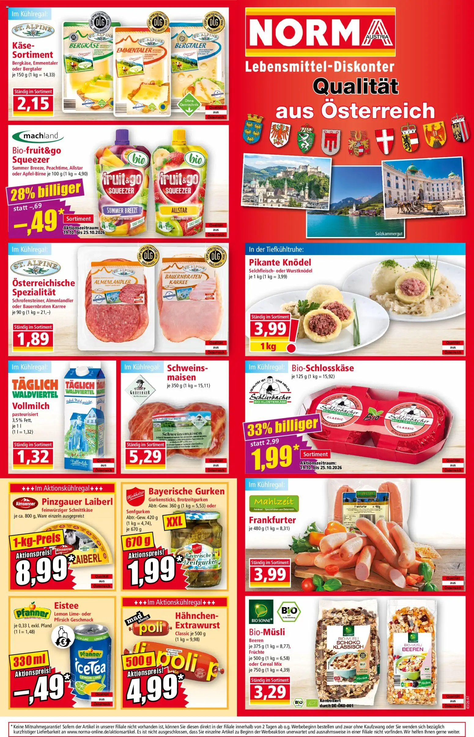 Norma Flugblatt gültig ab 19.10.2026 | Seite: 13 | Produkte: Gurken, Pfirsich, Vollmilch, Käse