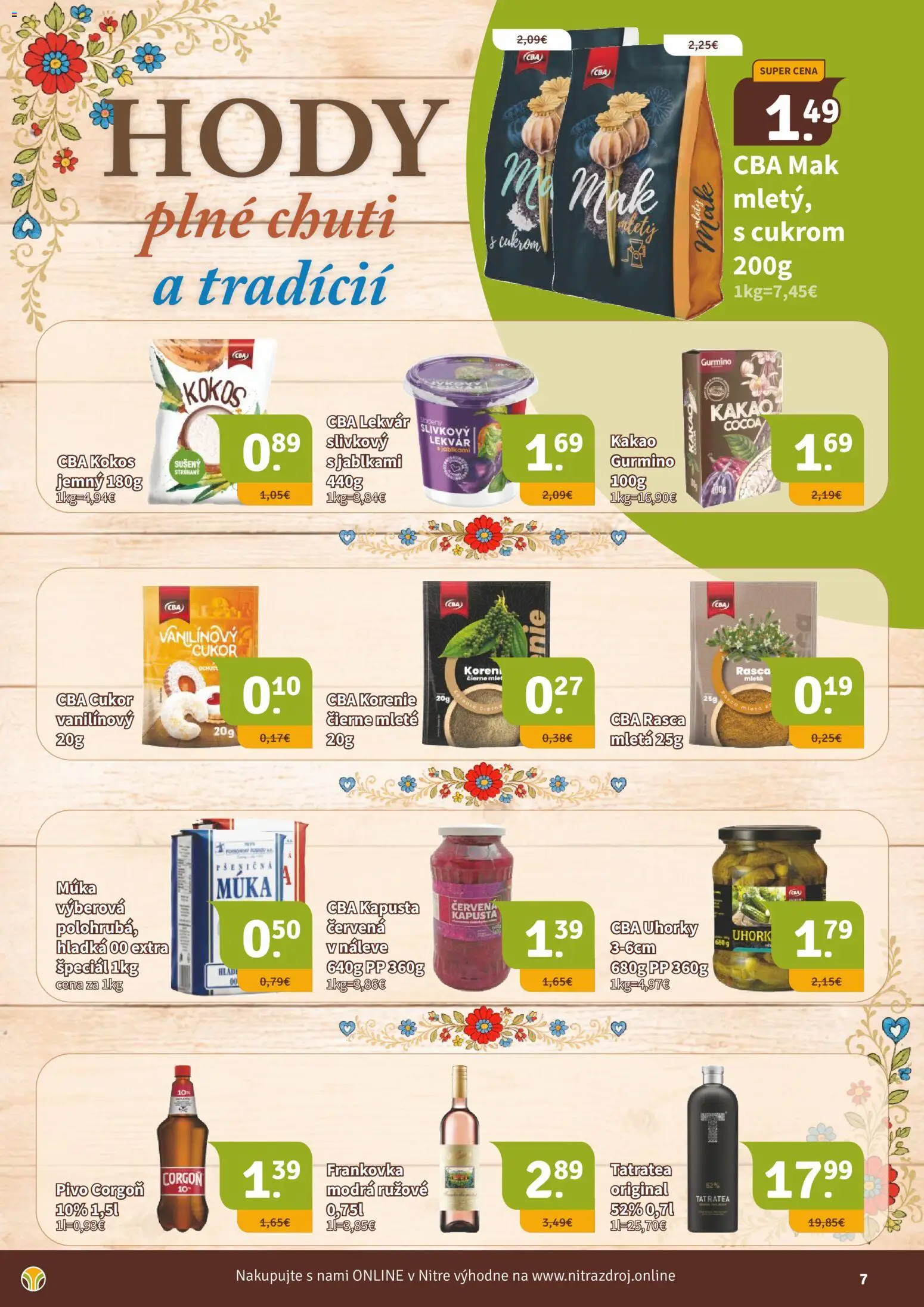 Nové Nitrazdroj akcie – leták je platný od 21.08.2026 | Strana: 7 | Produkty: Pivo, Lekvár, Múka, Kakao