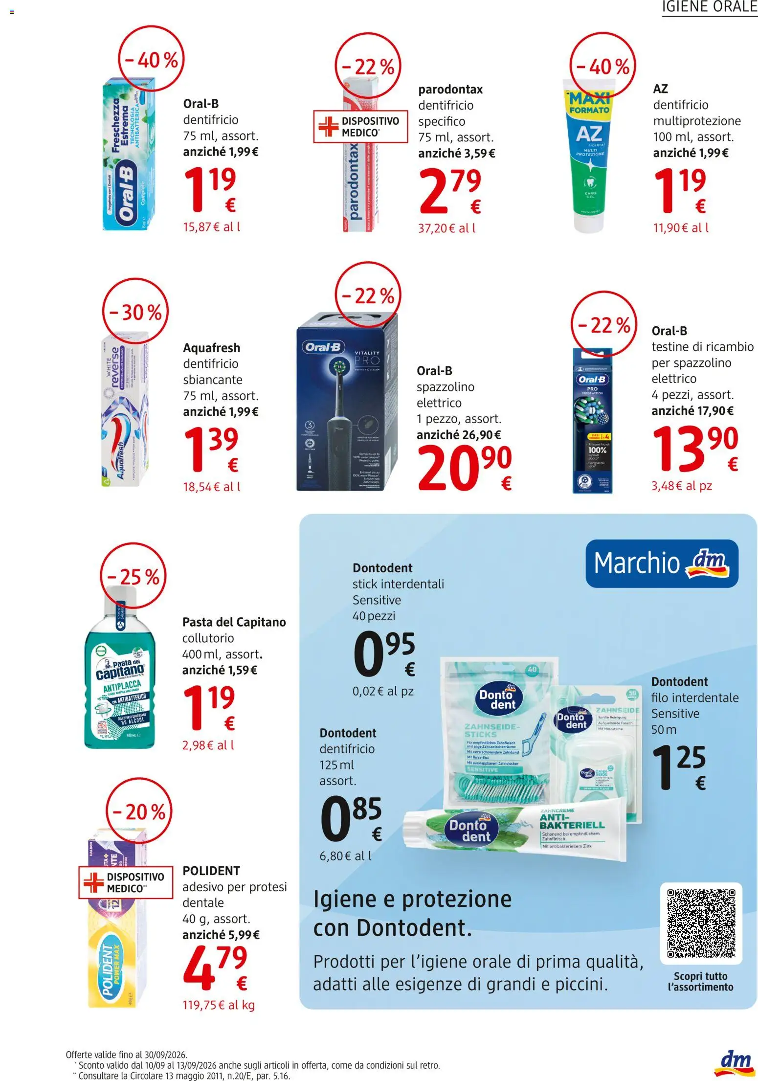 Volantino dm drogerie markt del 10/09/2026 | Pagina: 9 | Prodotti: Dentifricio, Collutorio, Filo interdentale, Pasta