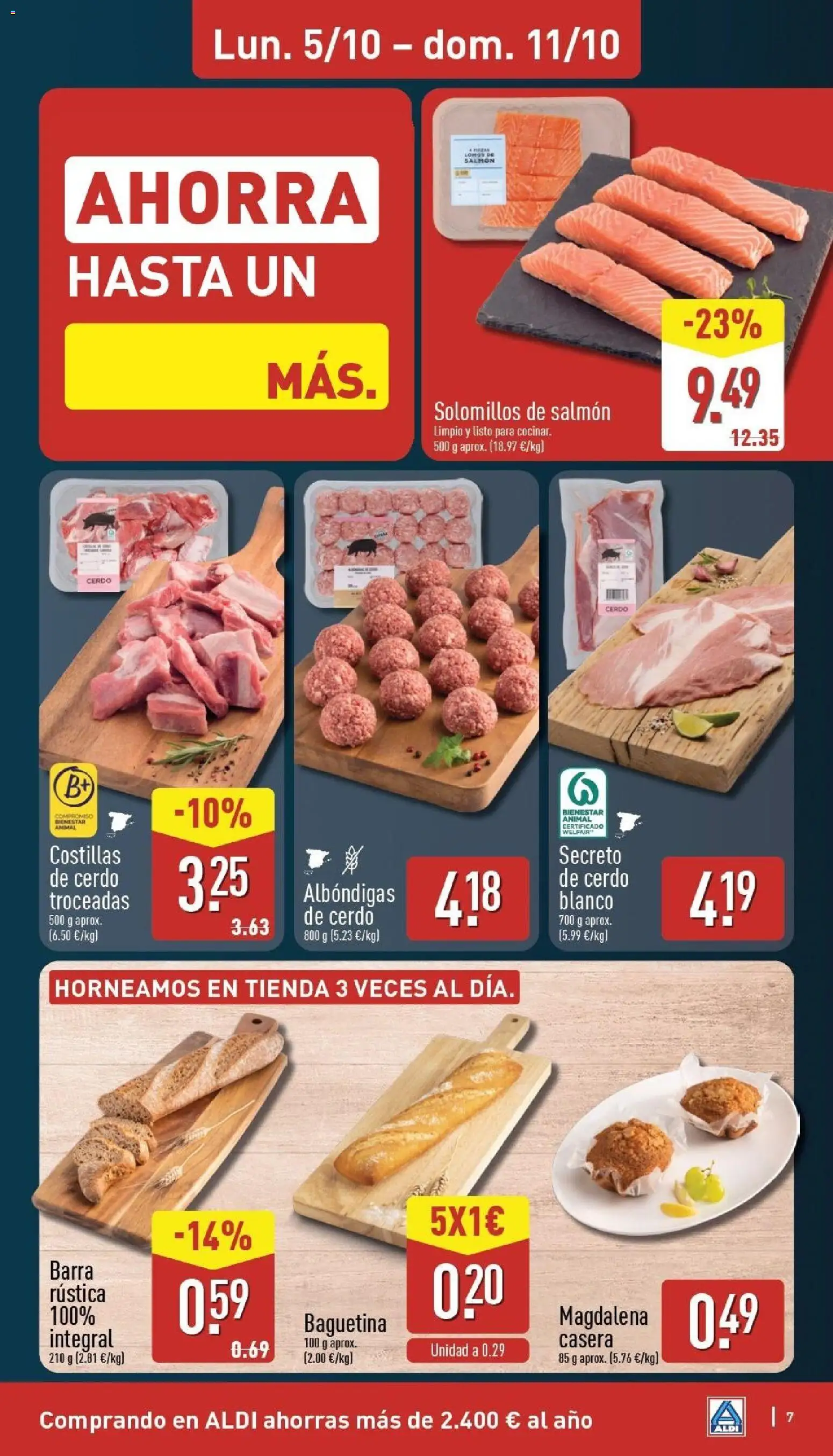 Aldi folleto Península │ válido desde el 05/10/2026 | Página: 7 | Productos: Baguette, Cerdo, Salmón, Costillas de cerdo