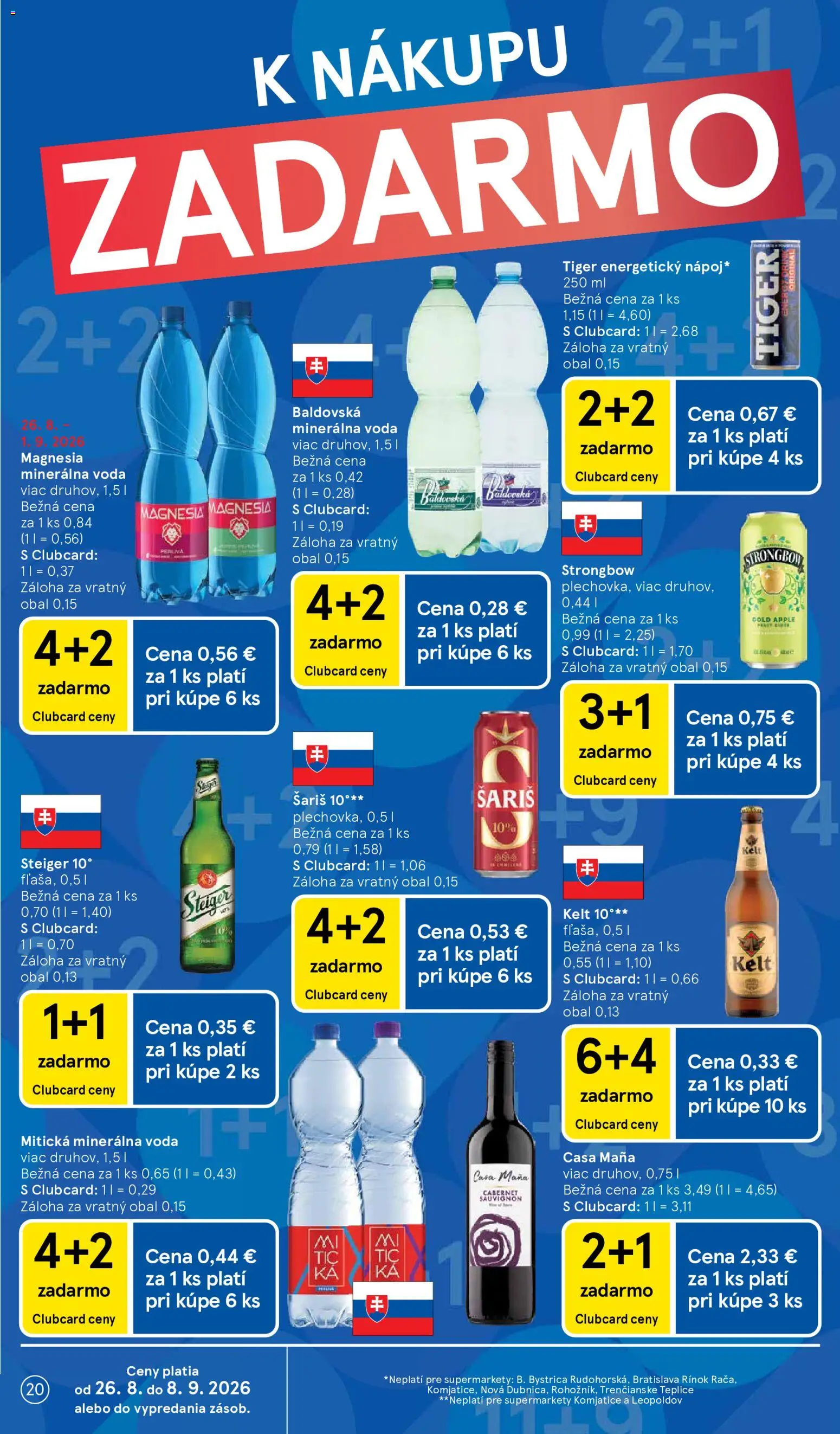 Nové Tesco akcie – leták je platný od 26.08.2026 | Strana: 20 | Produkty: Kelt, Strongbow, Voda, Baldovská