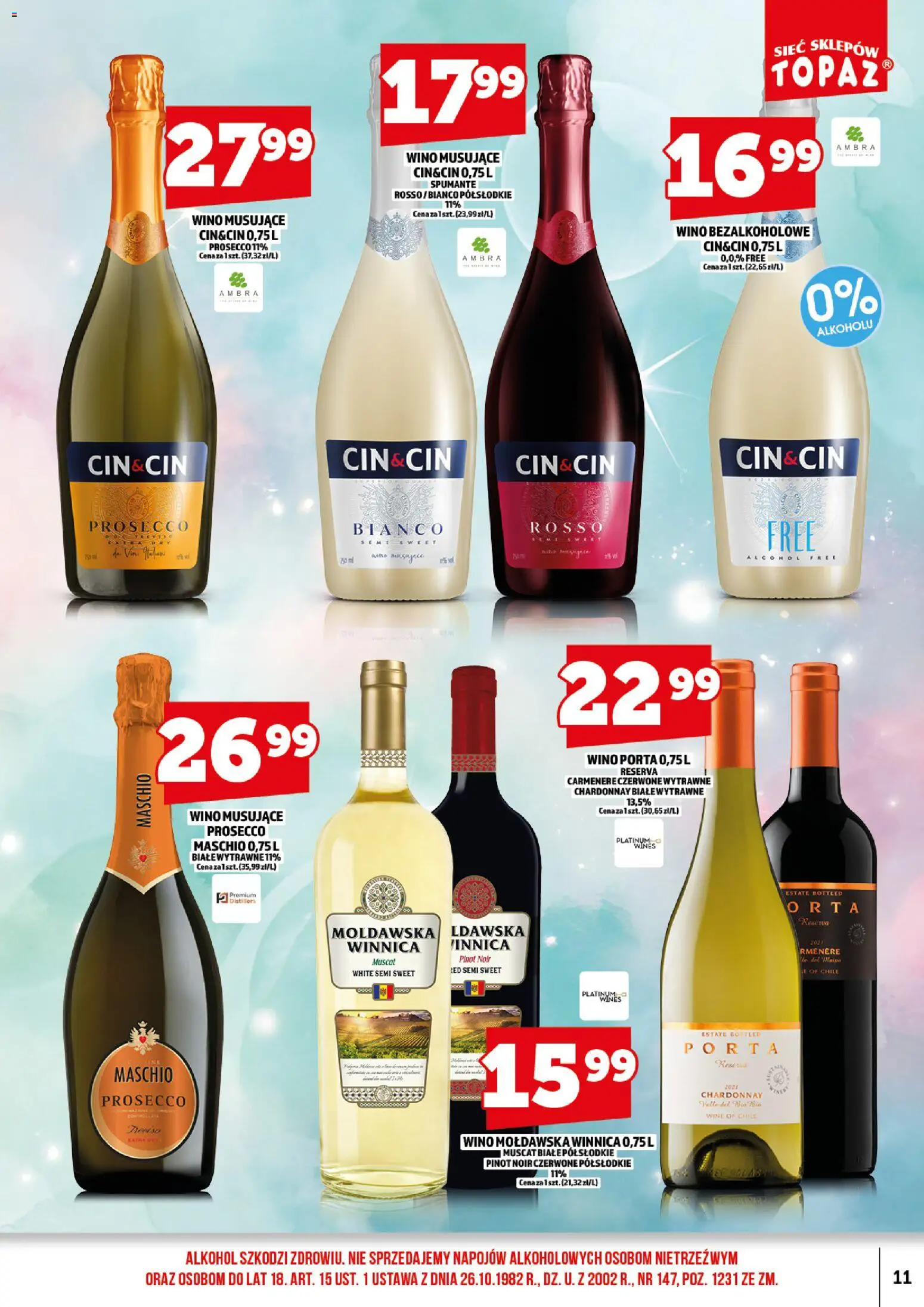 Topaz gazetka alkoholowa od 01.08.2026 | Strona: 13 | Produkty: Wino bezalkoholowe, Chardonnay, Wino, Prosecco