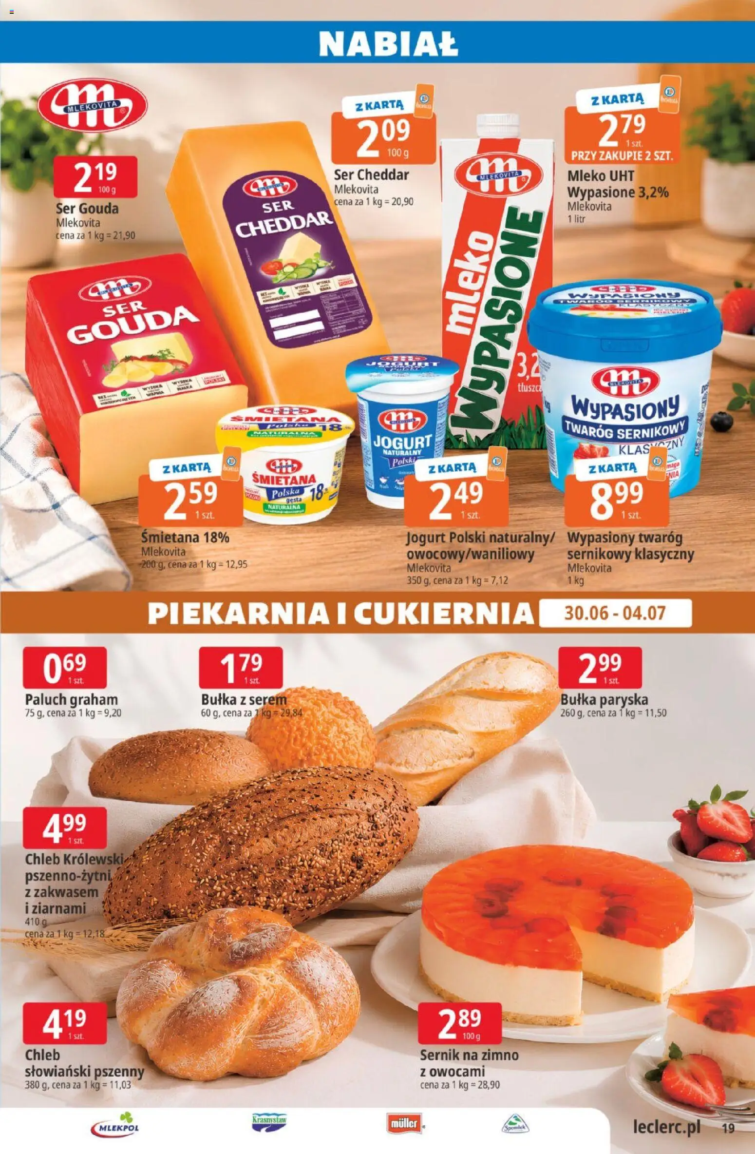 E.Leclerc gazetka od 30.06.2026 | Strona: 19 | Produkty: Mleko, Chleb, Cheddar, Ser gouda