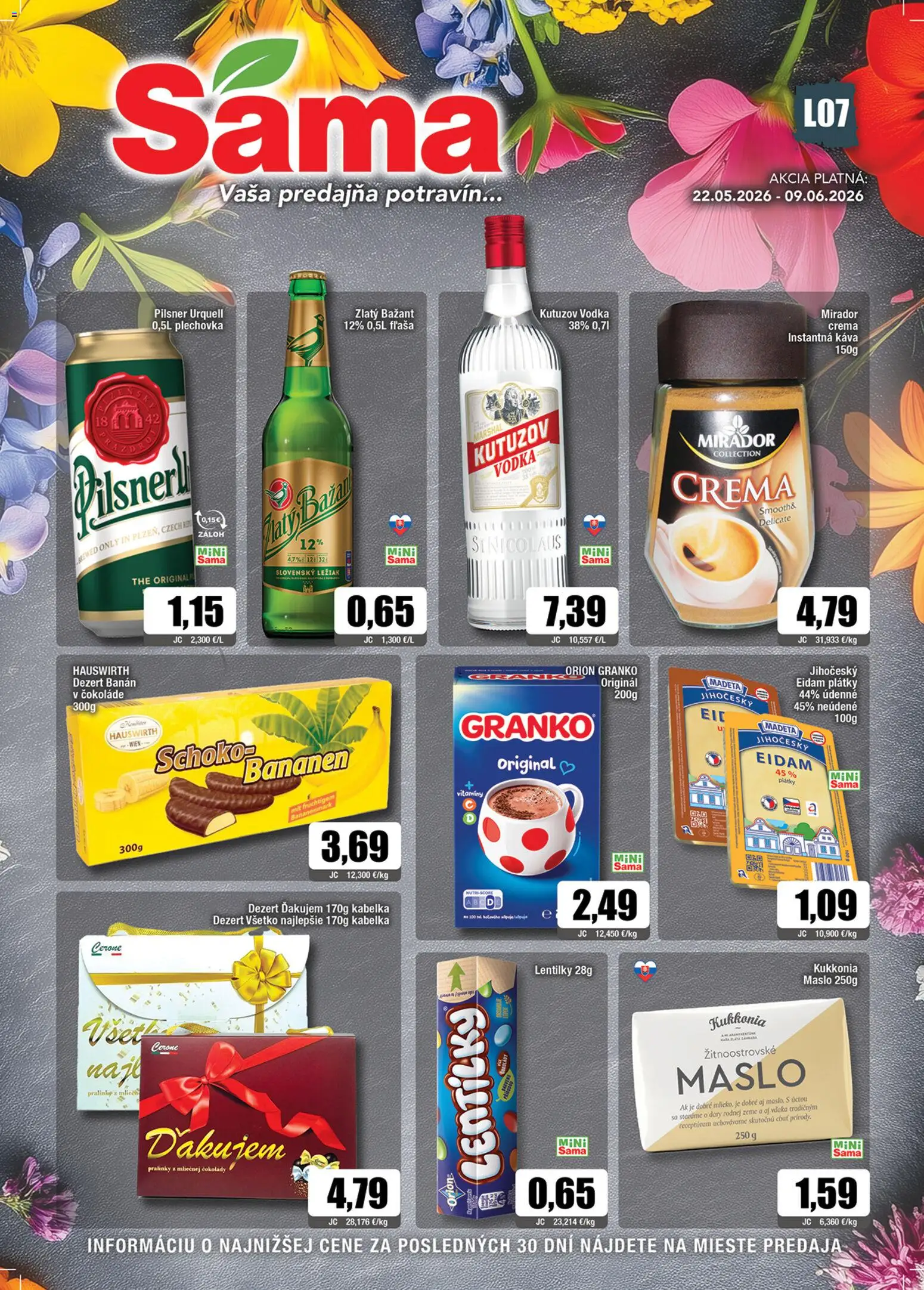 Nové Sama akcie – leták je platný od 22.05.2026 | Strana: 1 | Produkty: Pilsner Urquell, Káva, Eidam, Zlatý Bažant