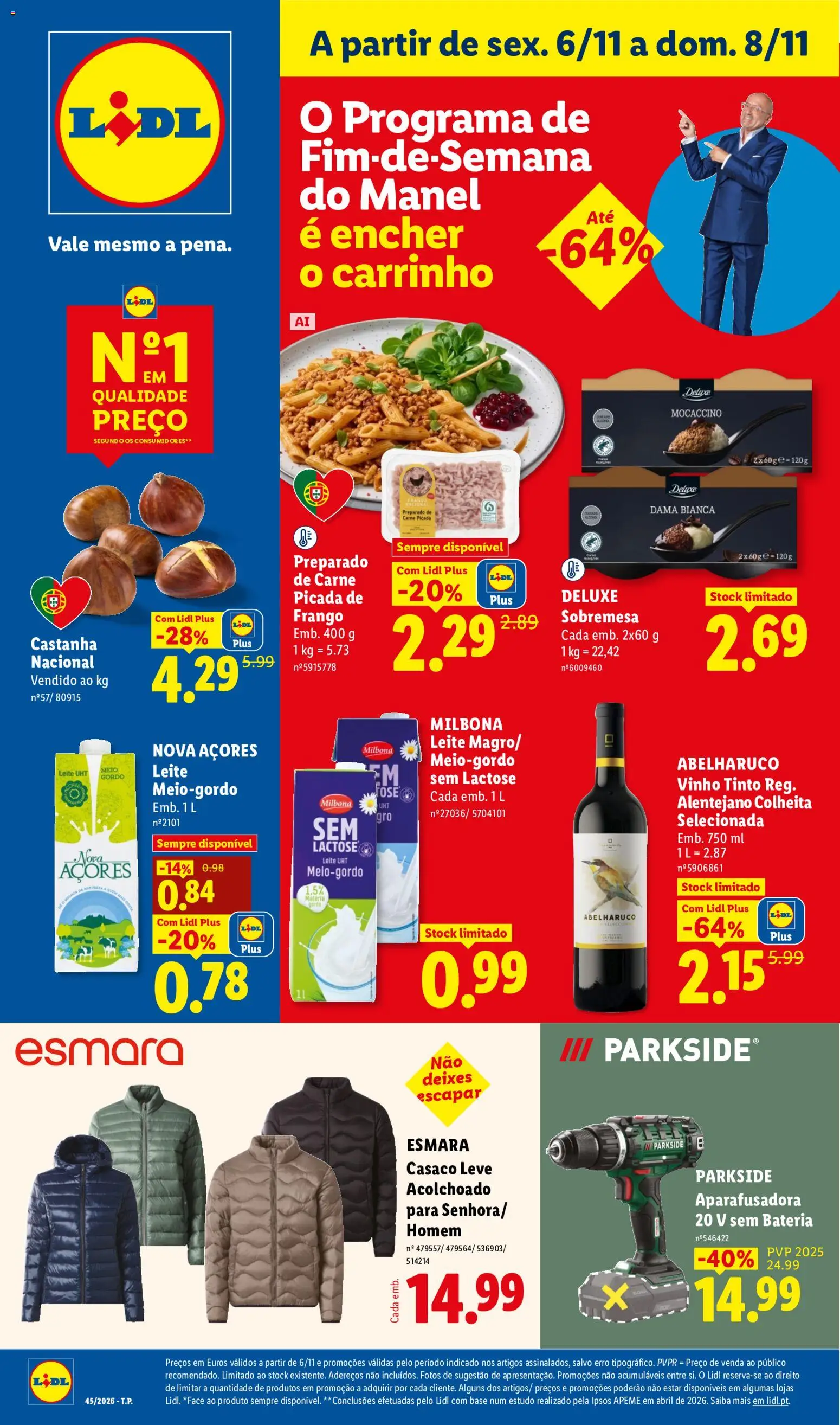 Lidl Promoções Fim de Semana │ válido de 06/11/2026 | Página: 1 | Produtos: Casaco, Sobremesa, Leite meio-gordo, Vinho tinto