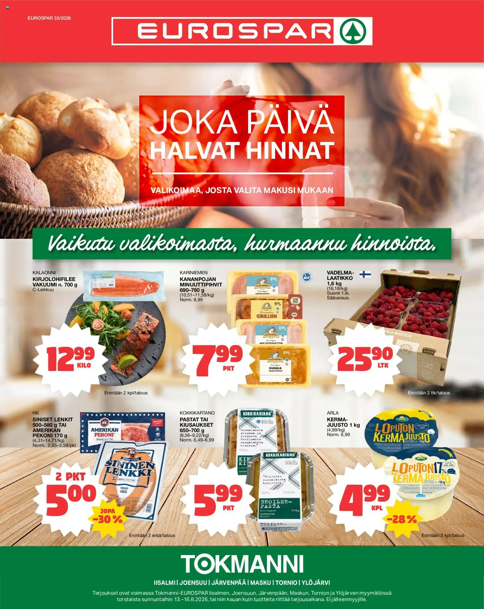 Tokmanni - EUROSPAR – voimassa 13/08/2026 alkaen | Sivu: 1 | Tuotteet: Juusto, Pasta, Kerma, Hunaja