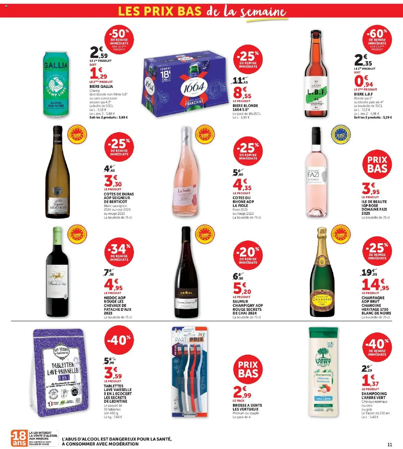 {H1} | Page: 11 | Produits: Bière blonde, Shampooing, Brosse à dents, Bouteille