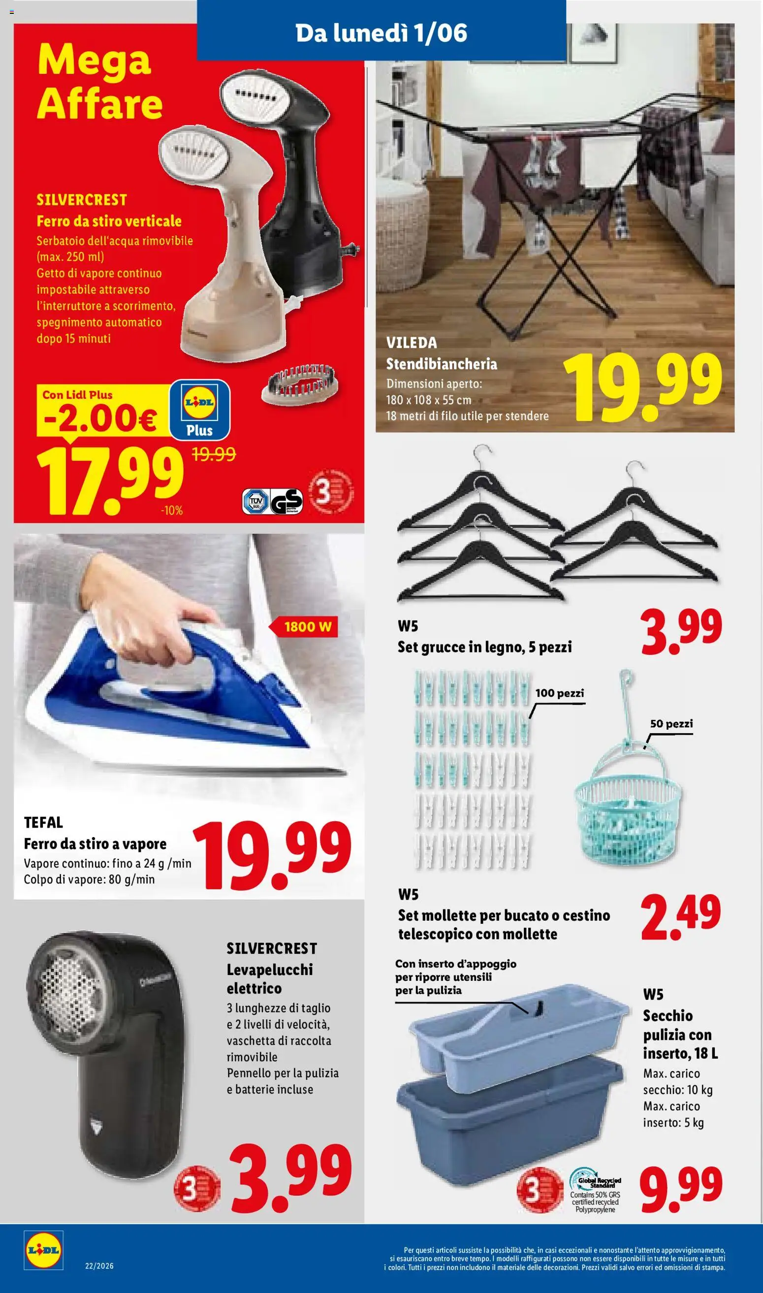 Volantino Lidl del 28.05.2026 | Pagina: 44 | Prodotti: Levapelucchi, Stendibiancheria, Pennello, Secchio