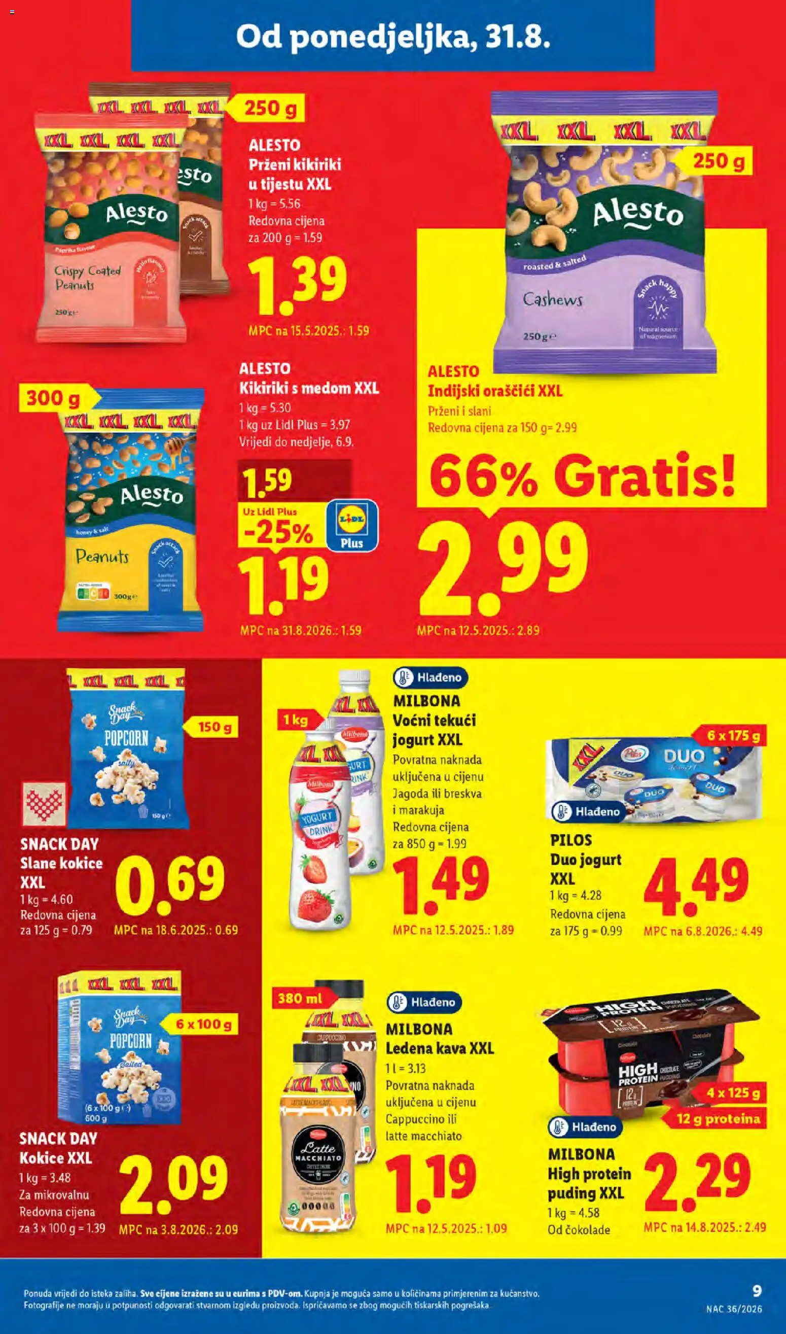 Lidl katalog | vrijedi od 31.08.2026 | Stranica: 9 | Proizvodi: Protein puding, Pilos, Tekuci jogurt, Kikiriki