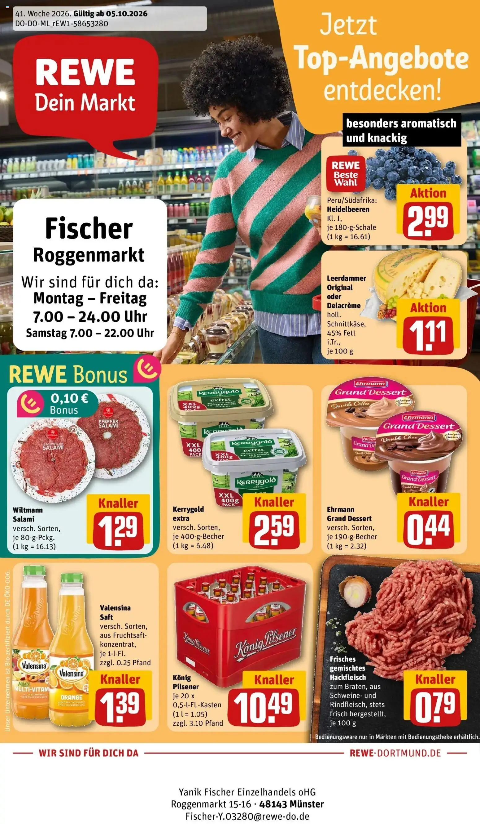 REWE Prospekt ab 05.10.2026 zum Blättern » Angebote | Seite: 1 | Produkte: Salami, Saft, Uhr, Hackfleisch