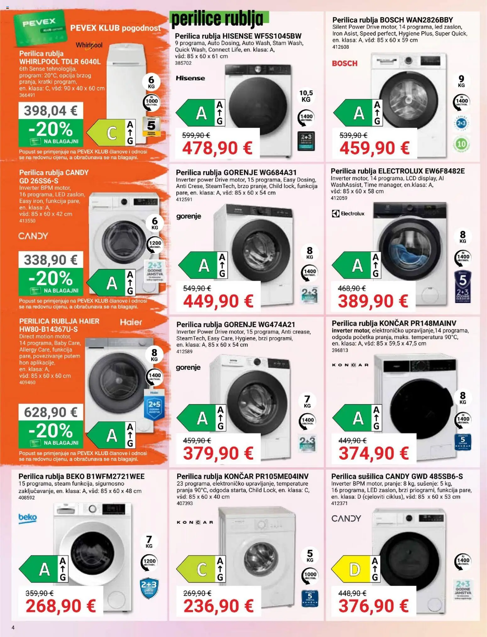 Pevex katalog | vrijedi od 23.07.2026 | Stranica: 4 | Proizvodi: Perilice rublja, Perilica rublja, Sušilica