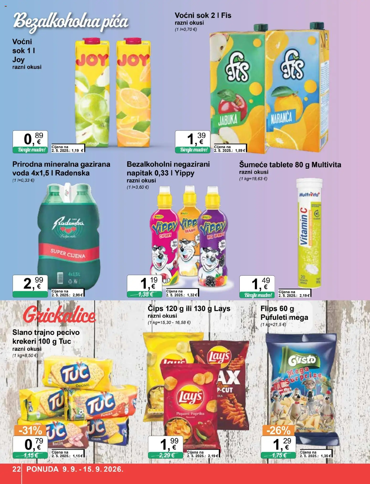 KTC katalog | vrijedi od 09.09.2026 | Stranica: 22 | Proizvodi: Grickalice, Radenska, Voćni sok, Šumeće tablete