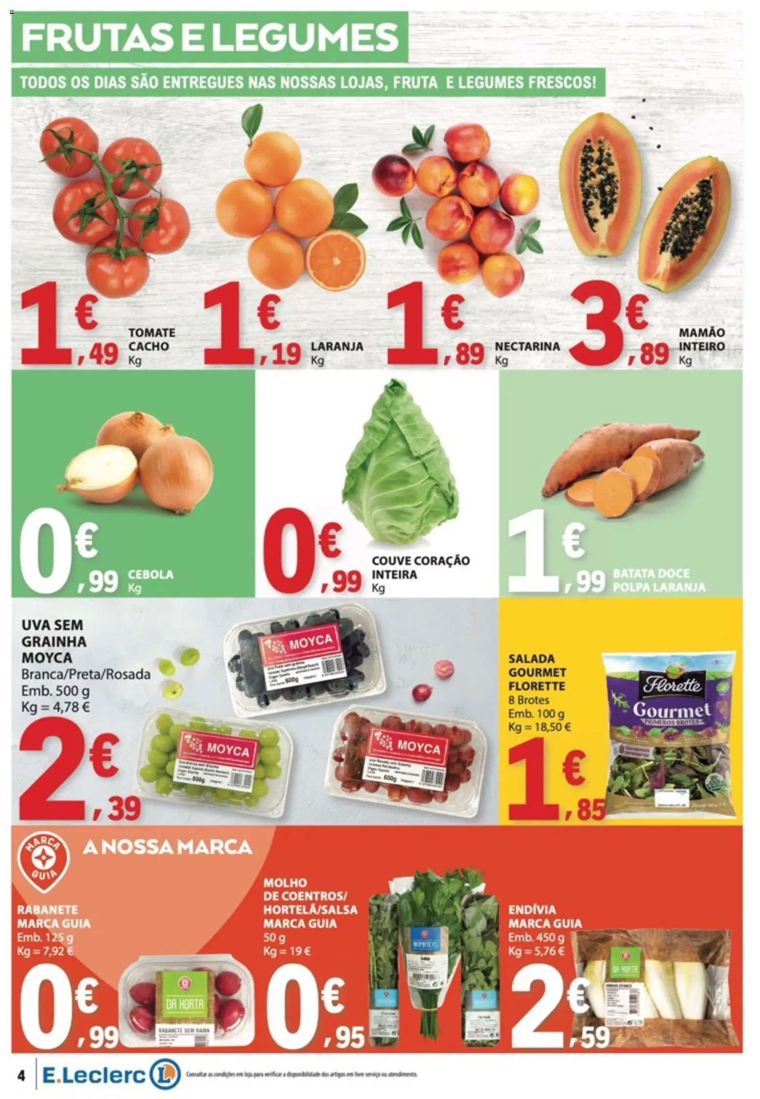 E.Leclerc folheto │ válido de 13/08/2026 | Página: 4 | Produtos: Cebola, Frutas, Salada, Mamão