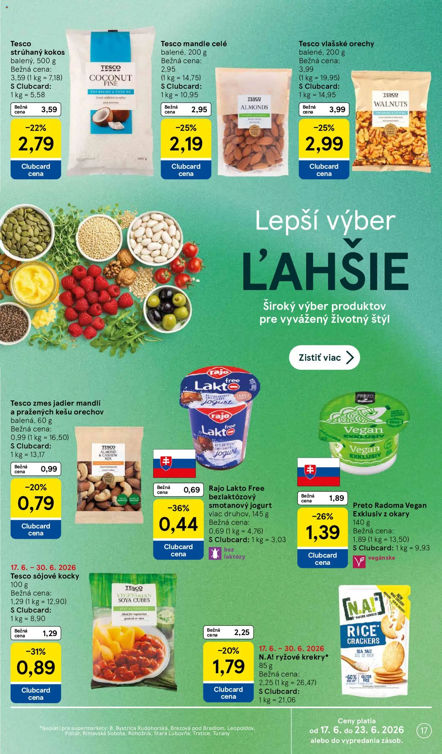 Nové Tesco akcie – leták je platný od 17.06.2026 | Strana: 17 | Produkty: Jogurt, Orechy, Mandle, Vlašské orechy