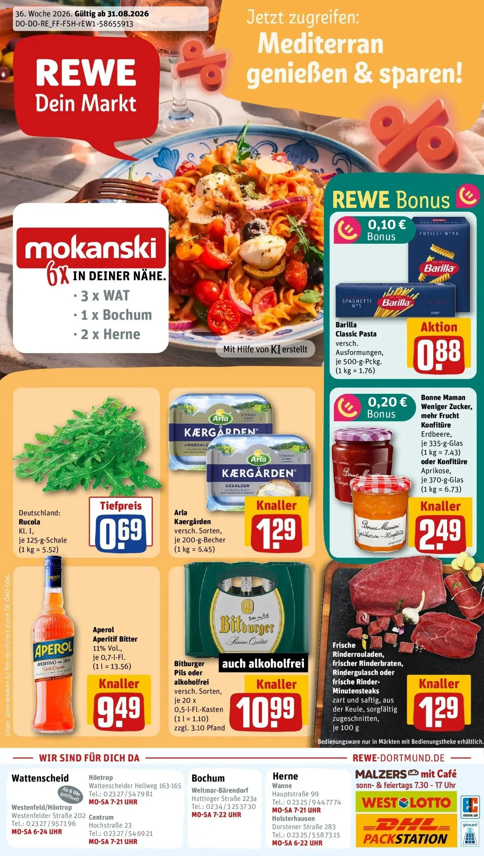 REWE Prospekt ab 31.08.2026 zum Blättern » Angebote | Seite: 1 | Produkte: Bitburger, Barilla, Rapsöl, Pils