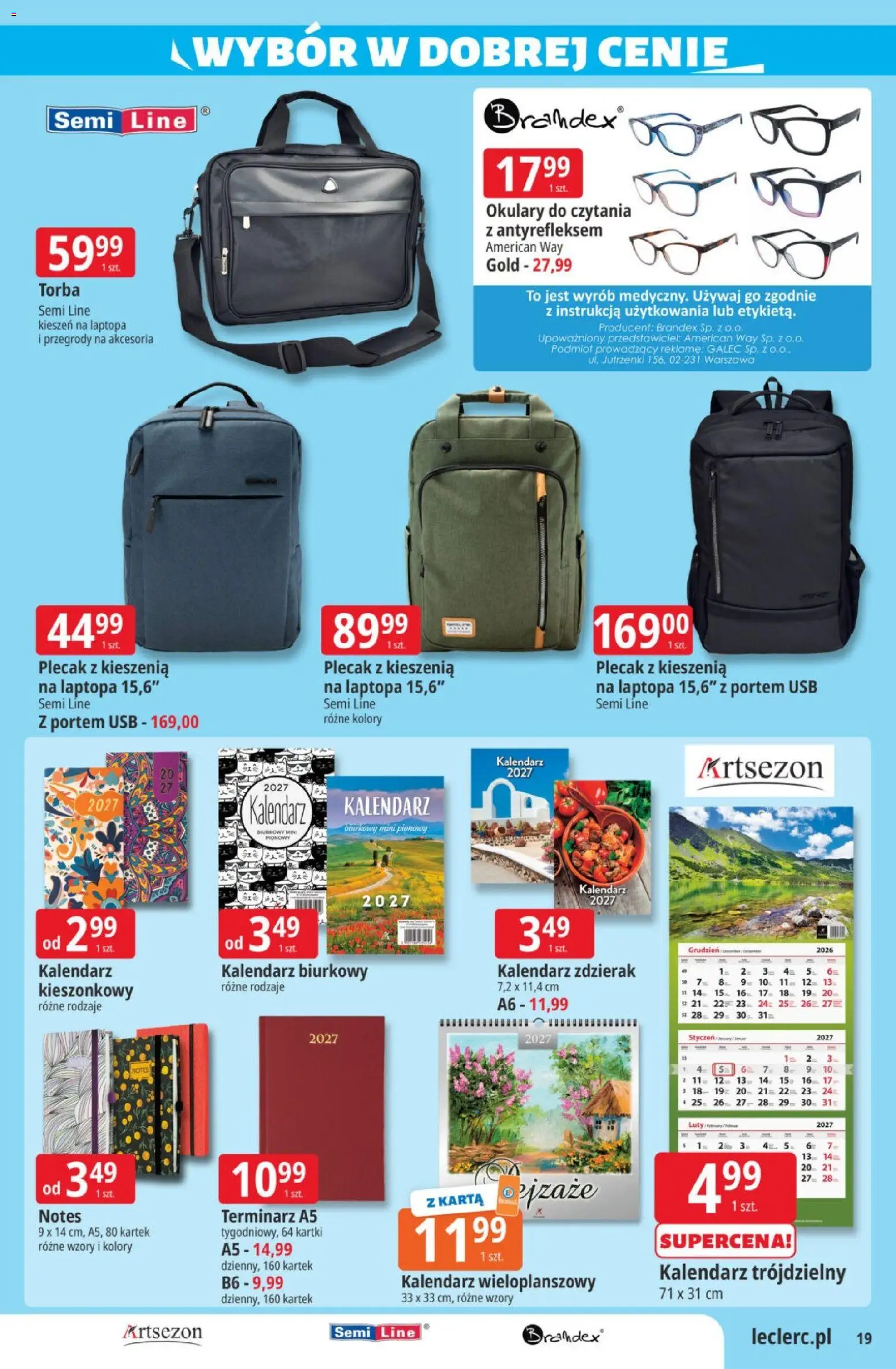 E.Leclerc gazetka od 22.09.2026 | Strona: 19 | Produkty: Okulary, Torba, USB, Kalendarz