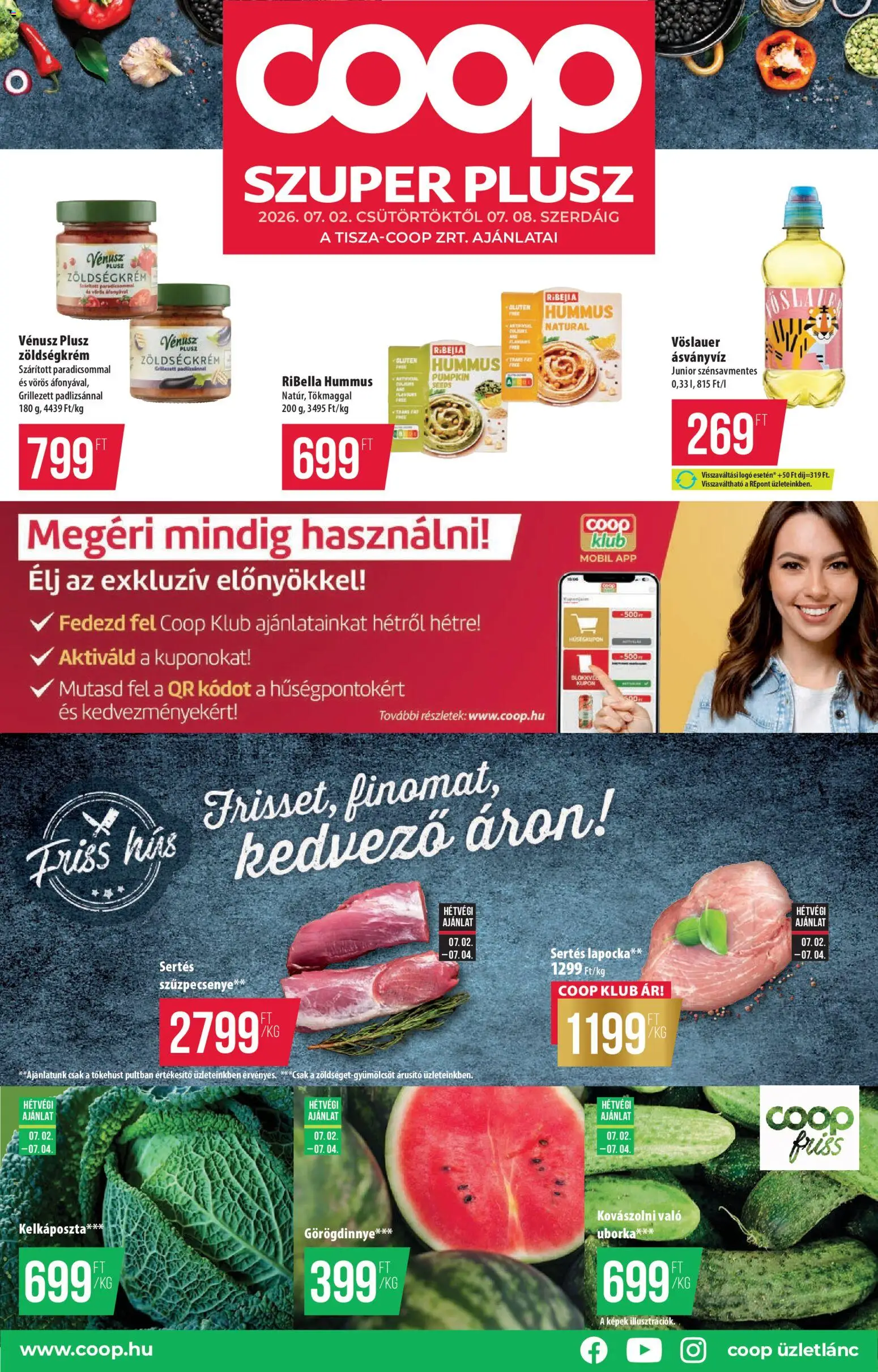 COOP akciós ujság - amely érvényes a következő dátumtól: 02.07.2026 | Oldal: 1 | Termékek: Hús, Kelkáposzta, Ásványvíz, Uborka