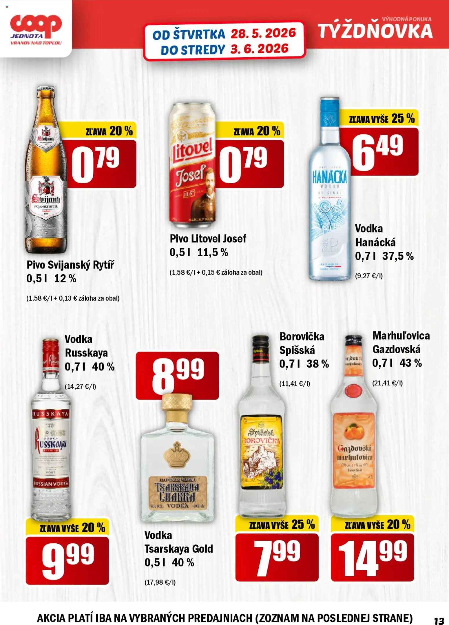 Nové COOP Jednota akcie – leták je platný od 28.05.2026 | Strana: 13 | Produkty: Pivo, Borovička, Vodka