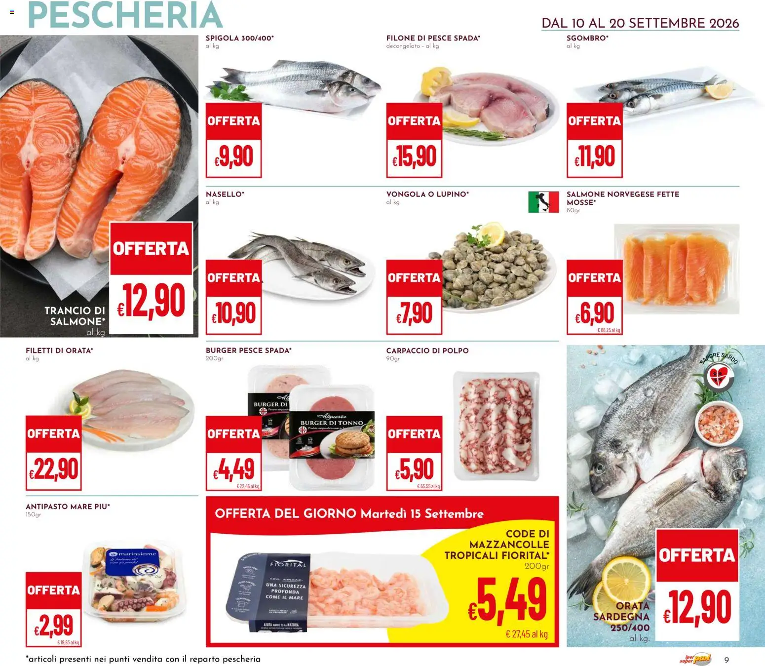 Volantino Pan del 10/09/2026 | Pagina: 9 | Prodotti: Carpaccio, Polpo, Orata, Spigola